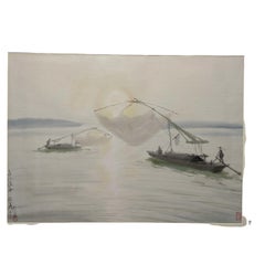 Mid Century Japanese Nihonga Ink & Wash Painting of Yangtze River Fishing Boats