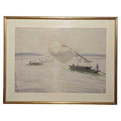 Mid Century Japanese Nihonga Ink & Wash Painting of Yangtze River Fishing Boats