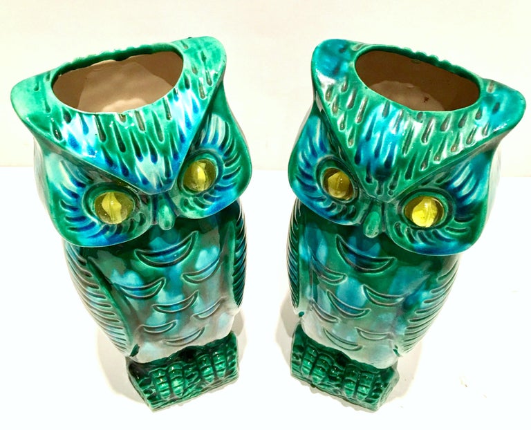 MidCentury Japanese Pair of Ceramic Glaze "Google" Eye Owl Vases By