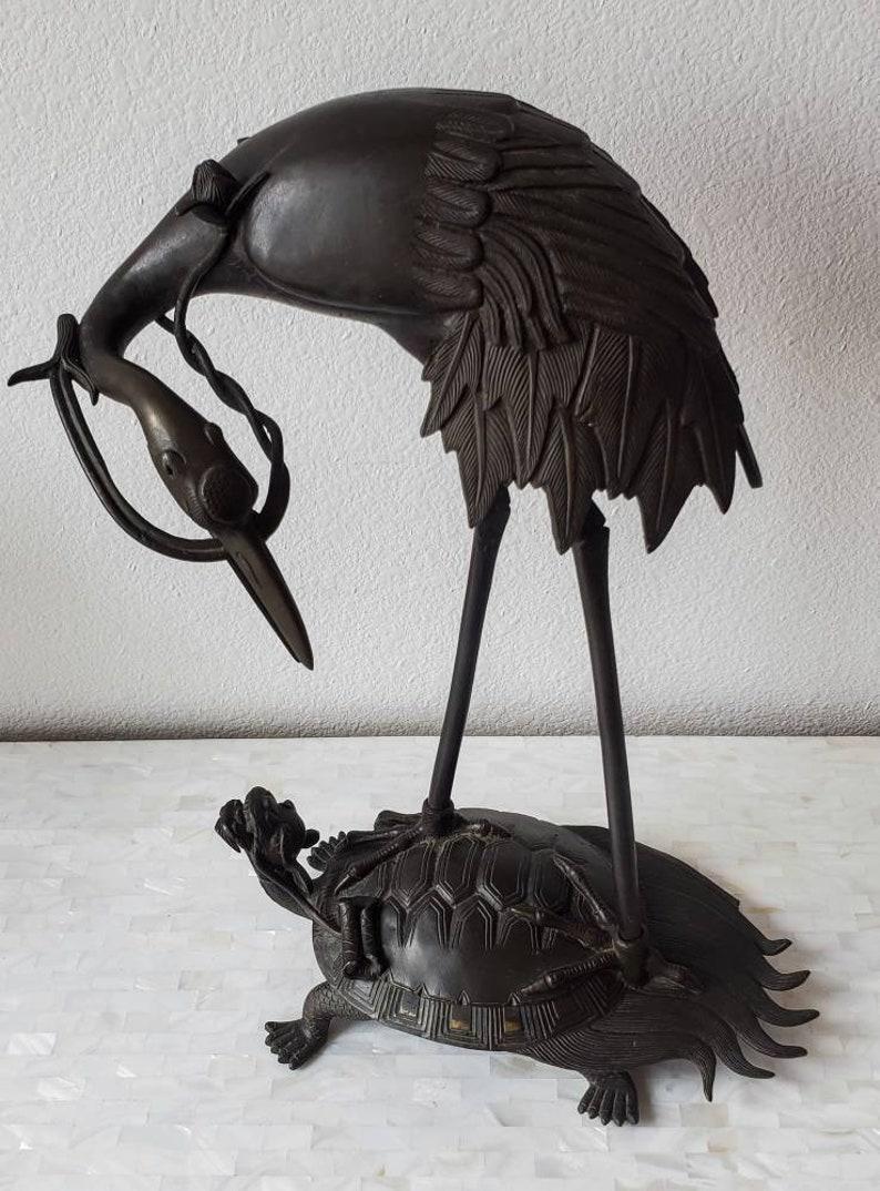 Mid-Century Japanese Patinated Bronze Heron on Dragon Tortoise Sculpture In Good Condition In Forney, TX