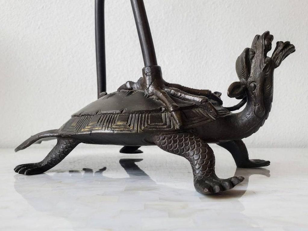 Mid-Century Japanese Patinated Bronze Heron on Dragon Tortoise Sculpture 2