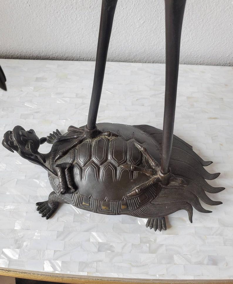 Mid-Century Japanese Patinated Bronze Heron on Dragon Tortoise Sculpture 3