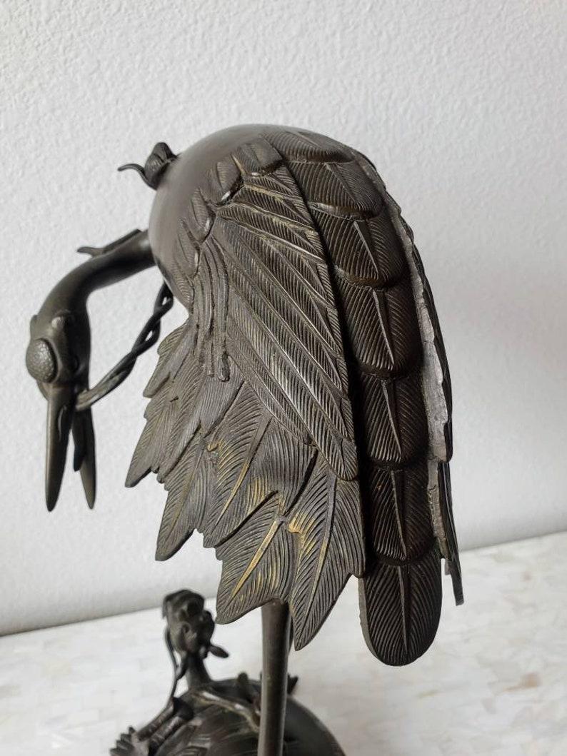 Mid-Century Japanese Patinated Bronze Heron on Dragon Tortoise Sculpture 4
