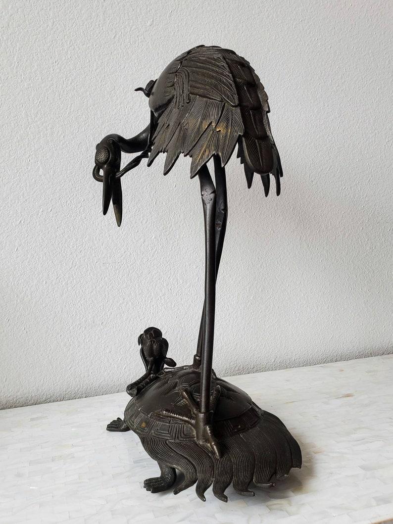 Mid-Century Japanese Patinated Bronze Heron on Dragon Tortoise Sculpture 5