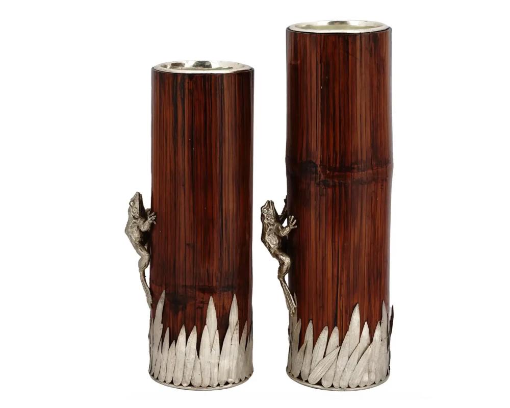 Midcentury Japanese Silvered Bronze Bamboo Vases In Good Condition In New York, NY