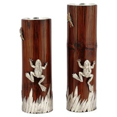 Midcentury Japanese Silvered Bronze Bamboo Vases