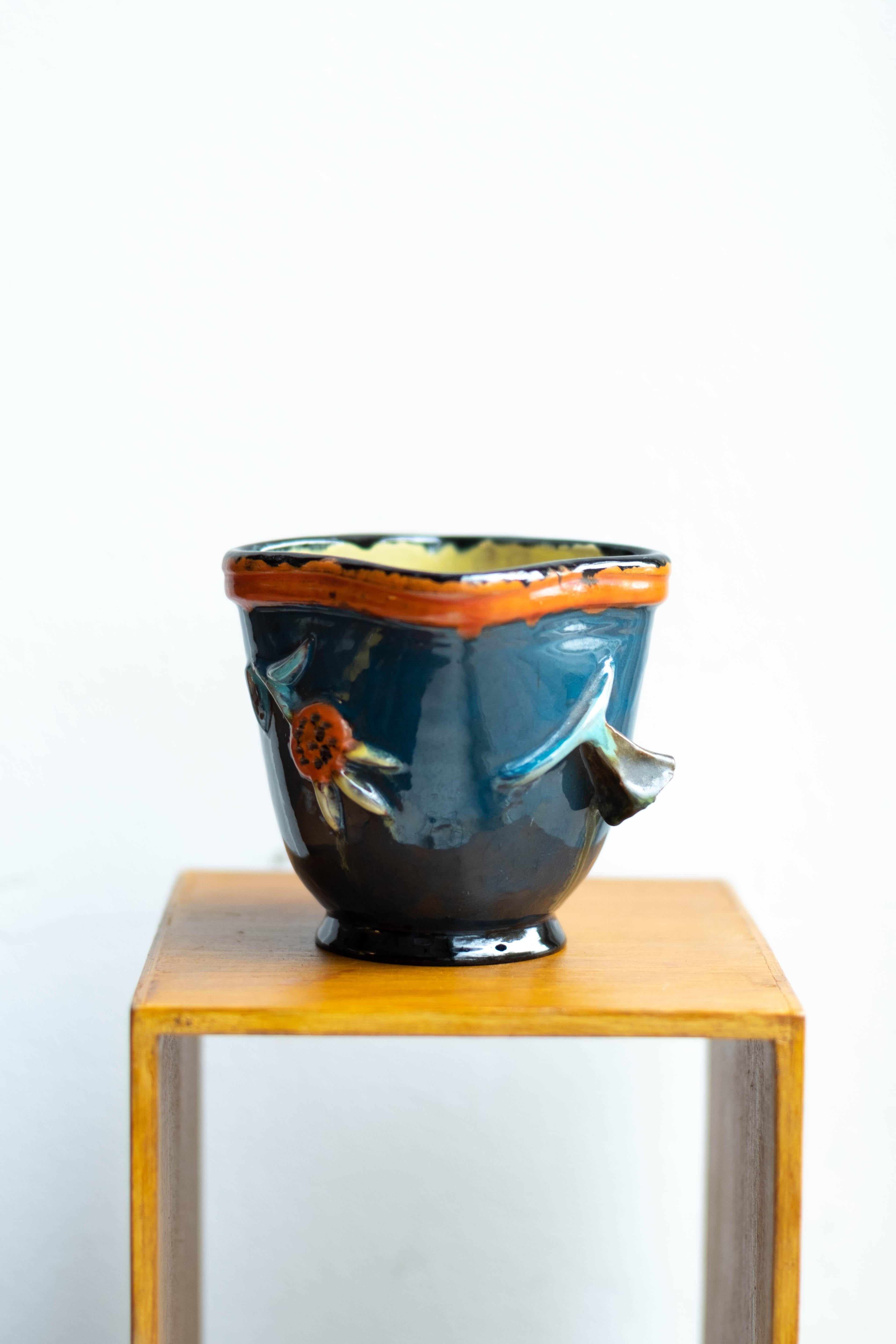 Midcentury Japanese style blue ceramic flowerpot, hand painted.
