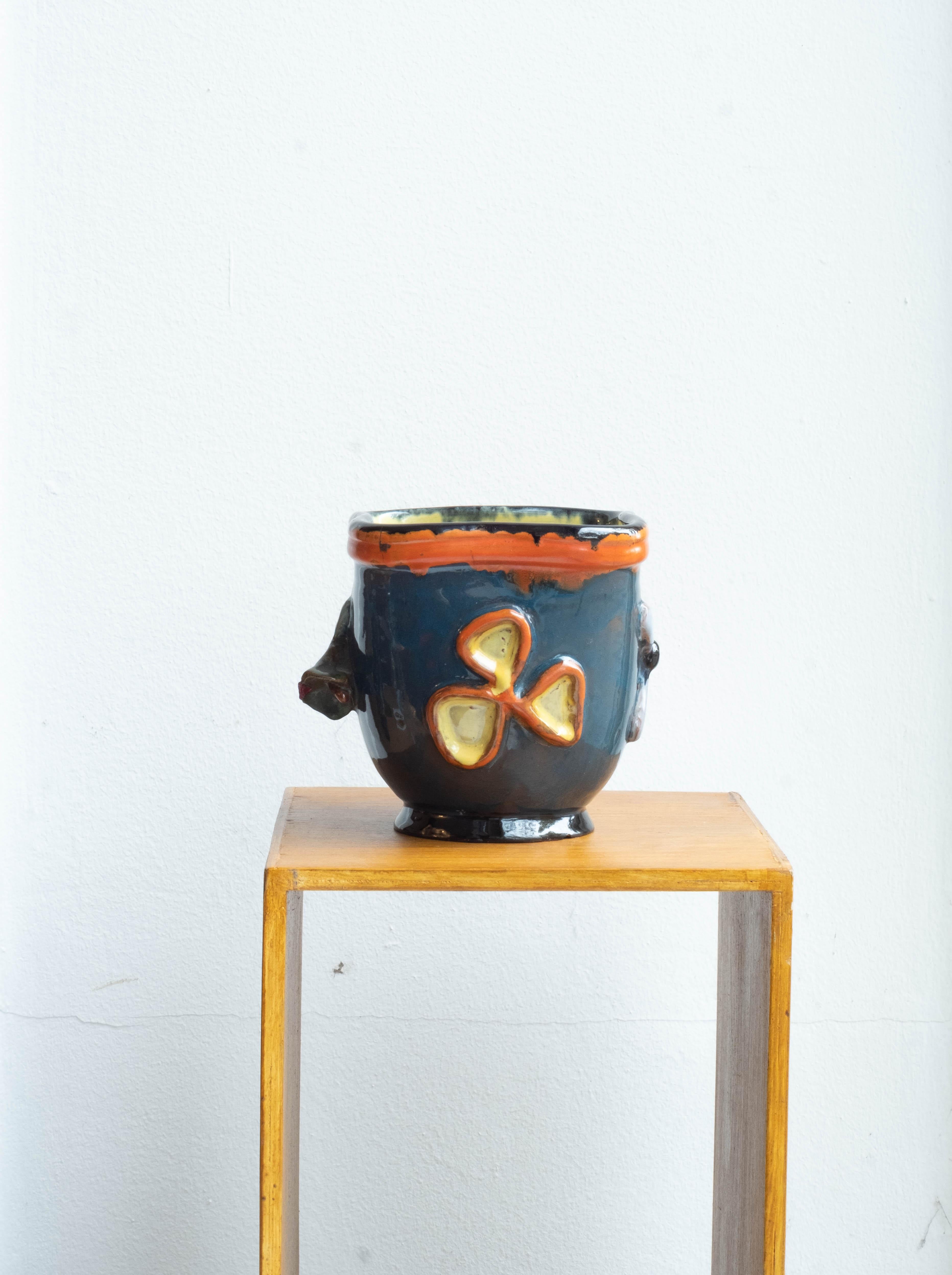 Mid-Century Modern Midcentury Japanese Style Blue Ceramic Flowerpot, Hand Painted For Sale