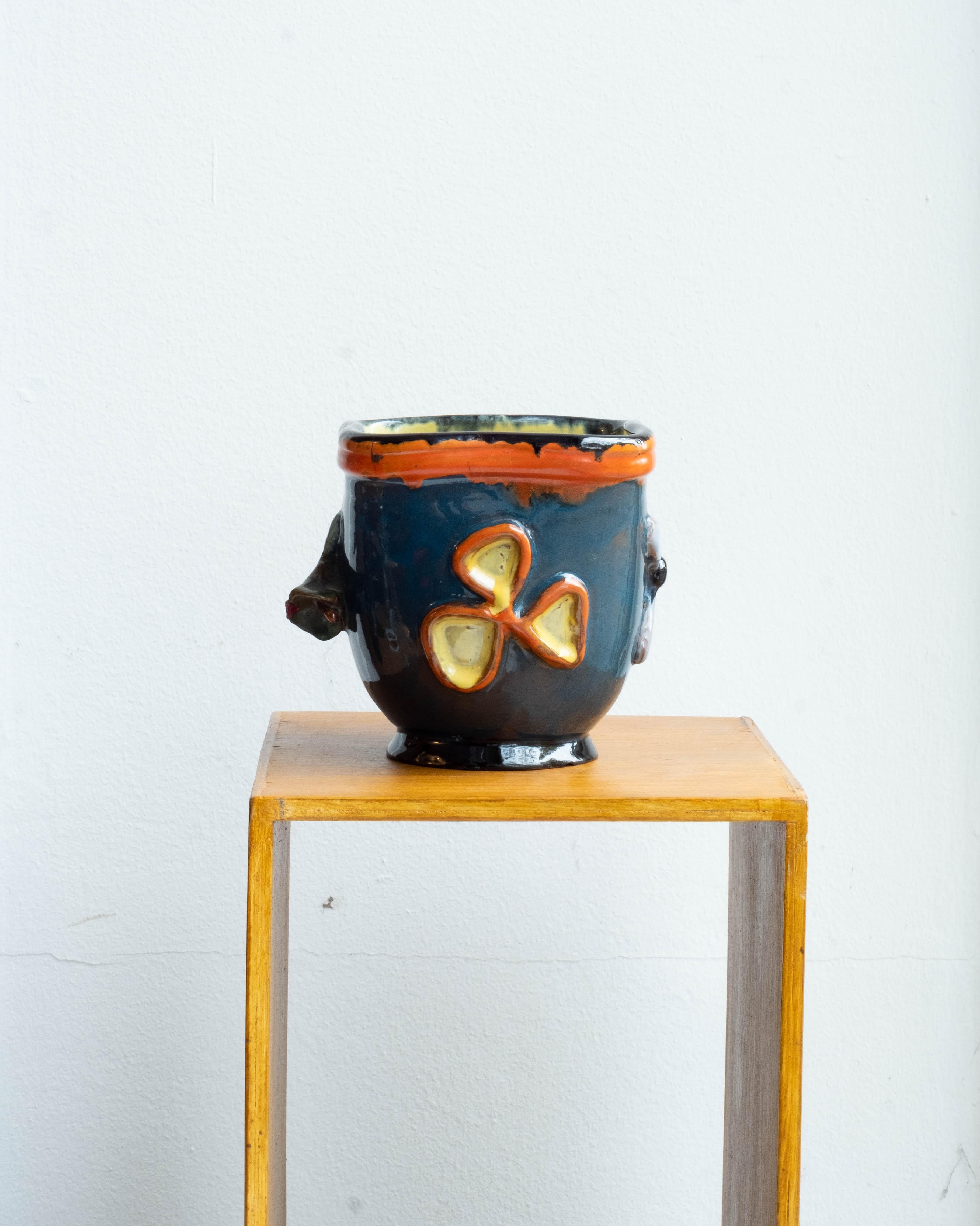 Midcentury Japanese Style Blue Ceramic Flowerpot, Hand Painted In Good Condition For Sale In  Budapest, HU