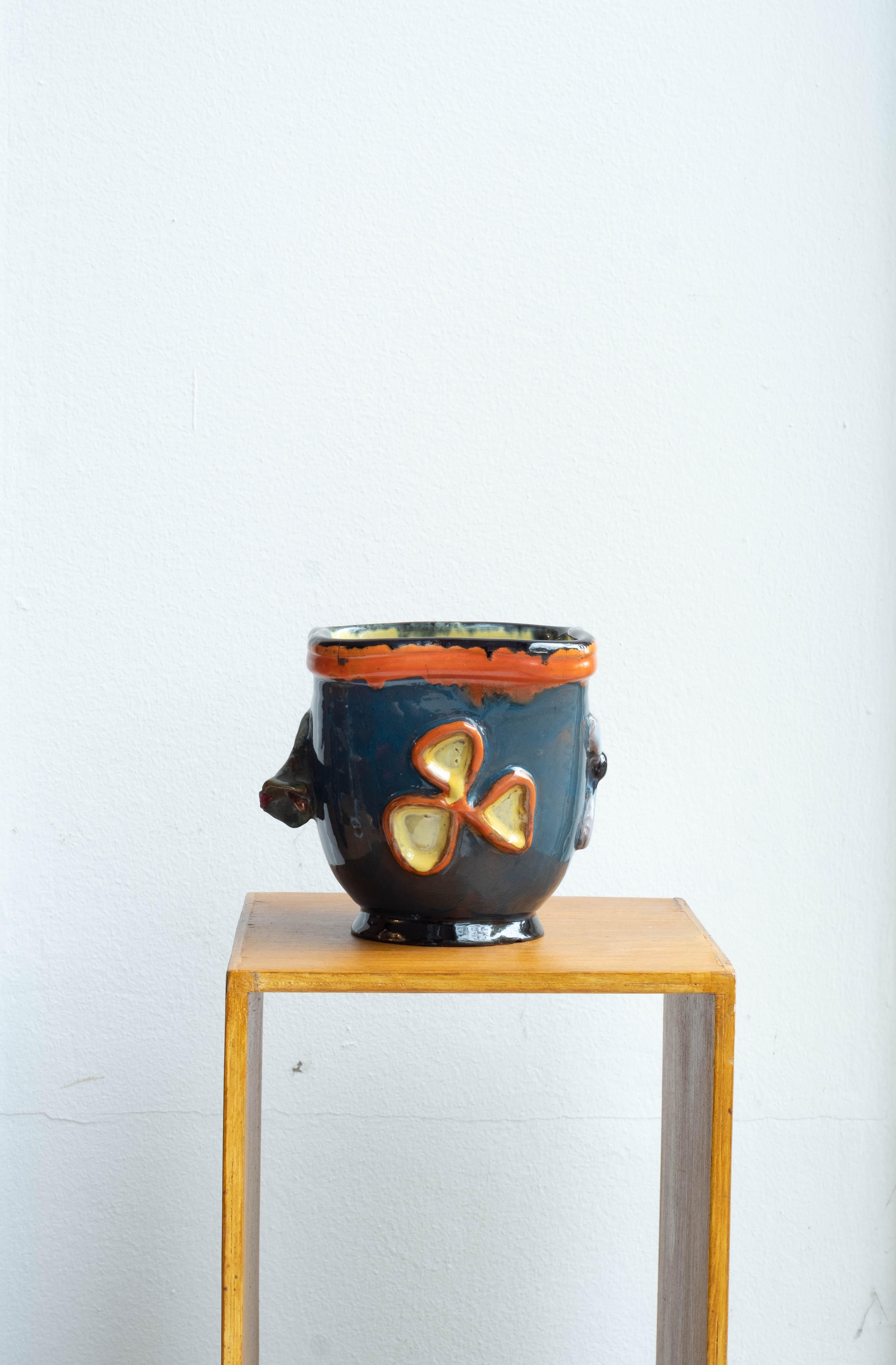 Mid-20th Century Midcentury Japanese Style Blue Ceramic Flowerpot, Hand Painted For Sale