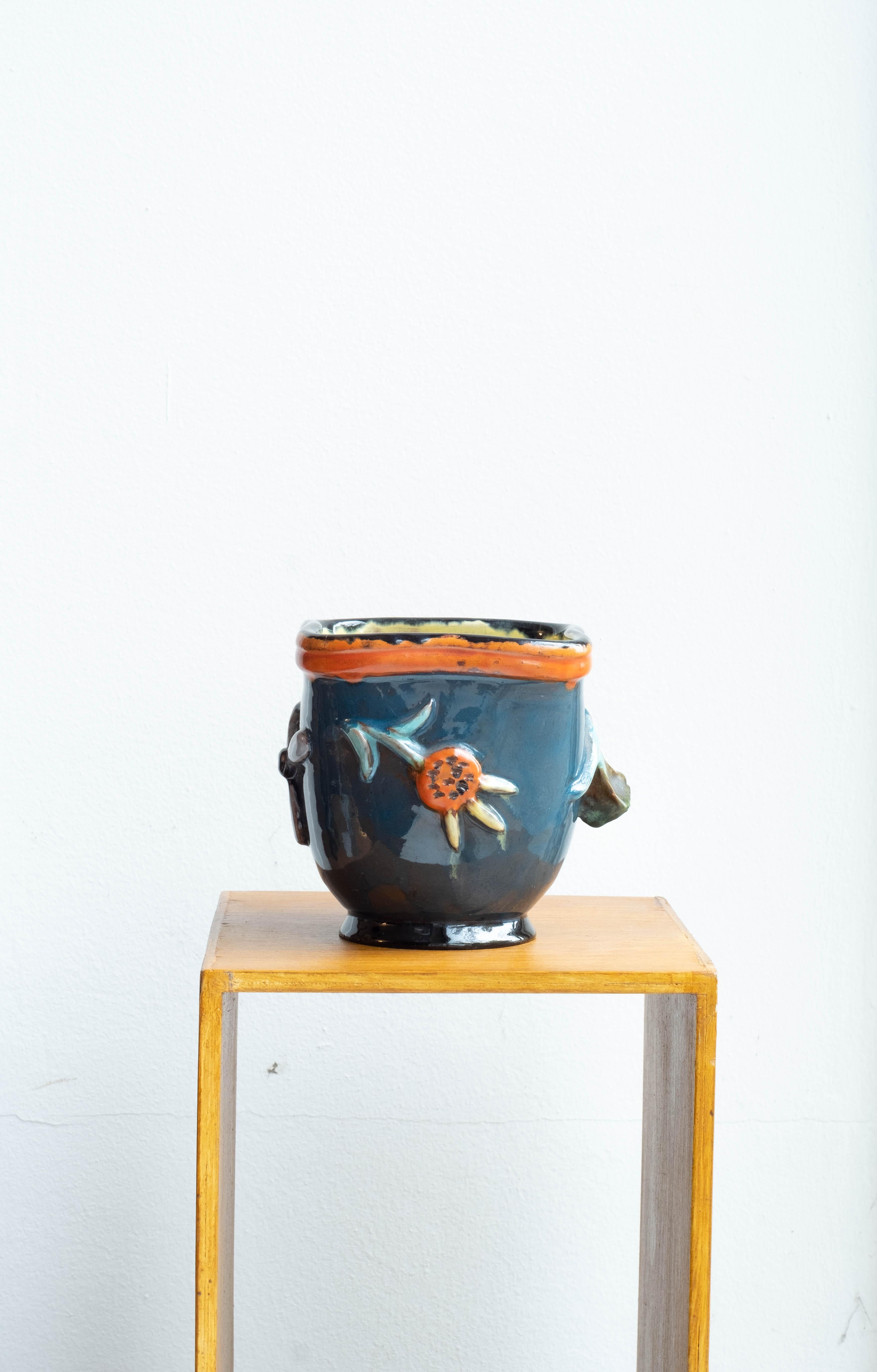 Midcentury Japanese Style Blue Ceramic Flowerpot, Hand Painted For Sale 2