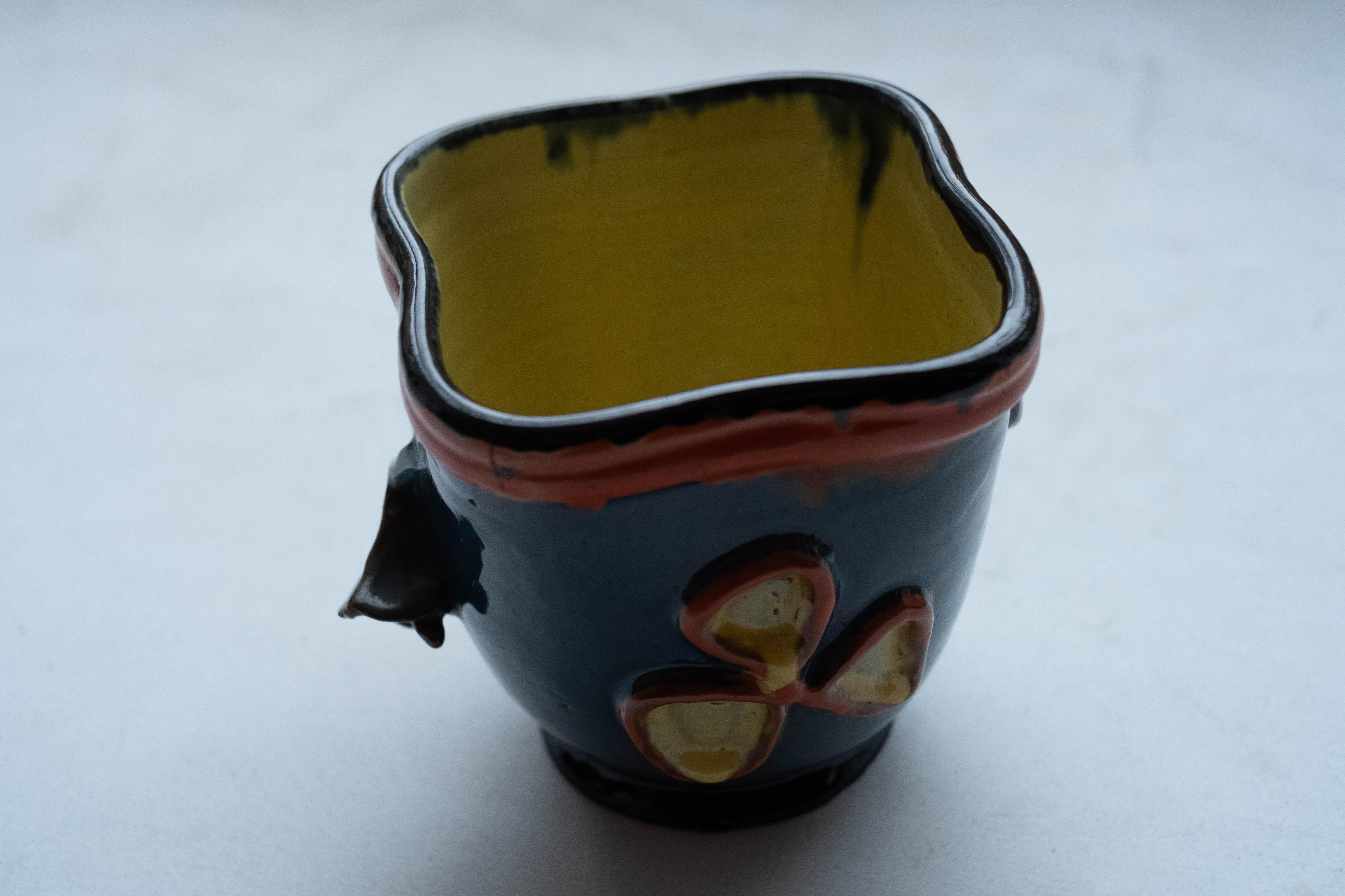 Midcentury Japanese Style Blue Ceramic Flowerpot, Hand Painted For Sale 4