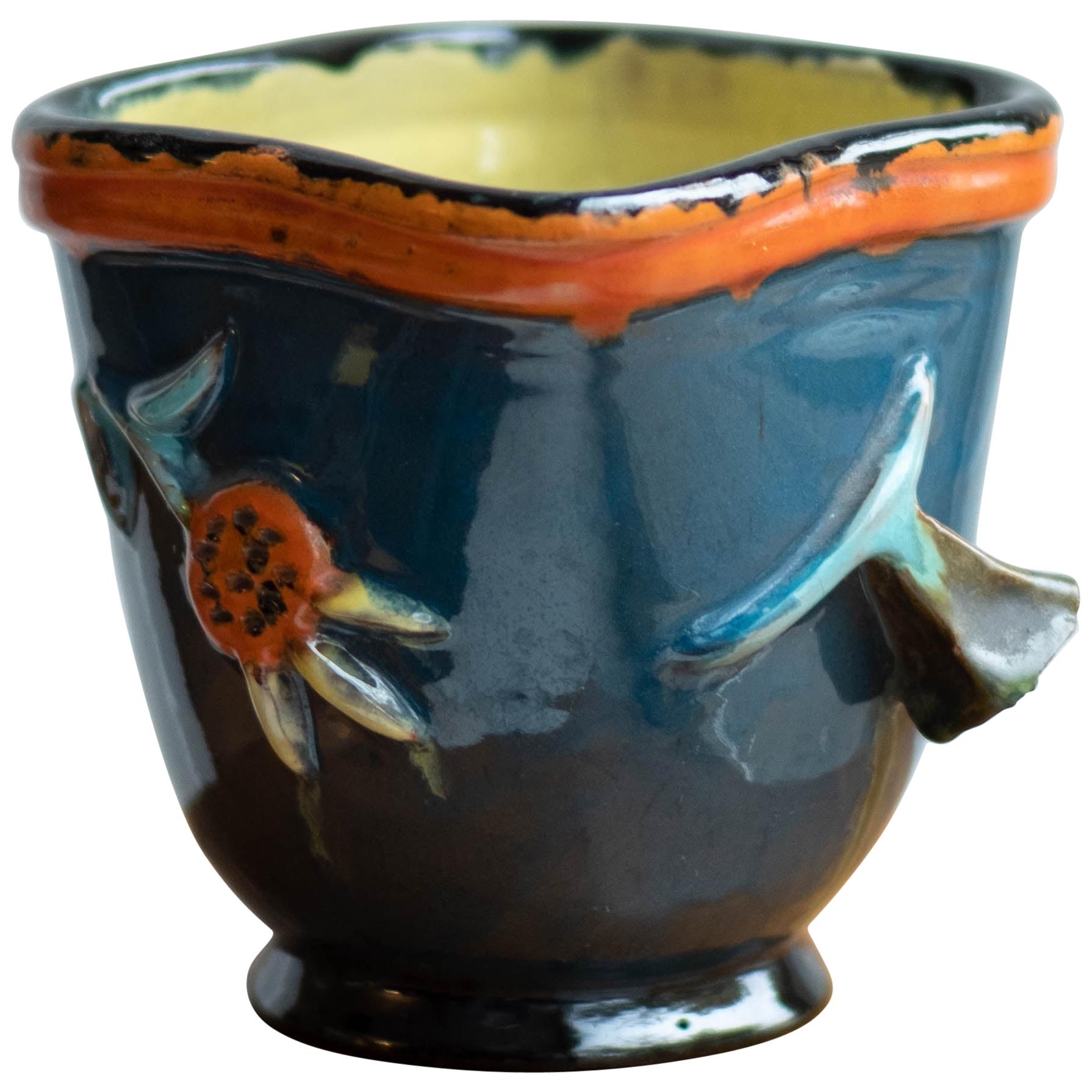 Midcentury Japanese Style Blue Ceramic Flowerpot, Hand Painted For Sale