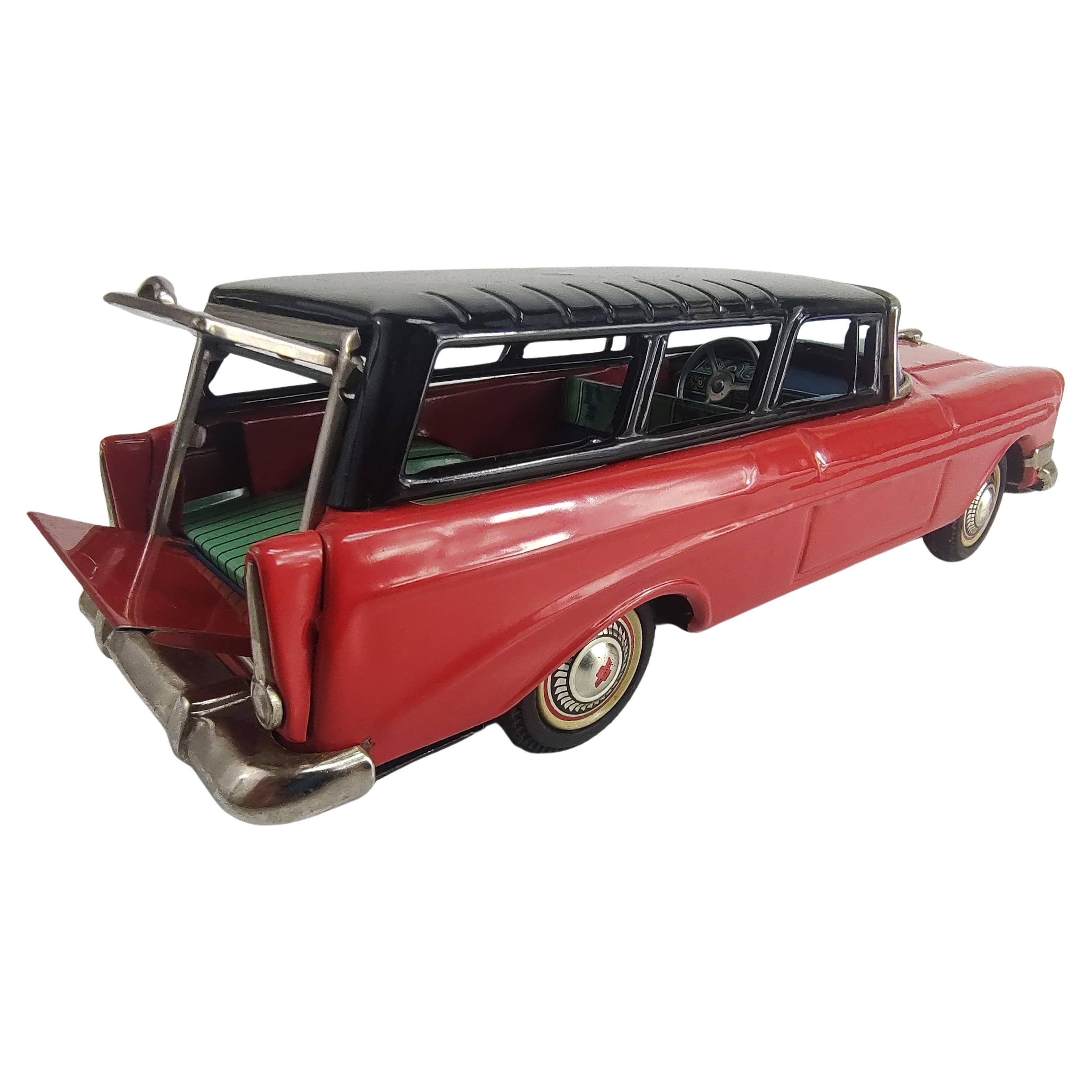 Mid Century Japanese Tin Litho Friction Toy Car Chevrolet Station Wagon C1956 For Sale 3