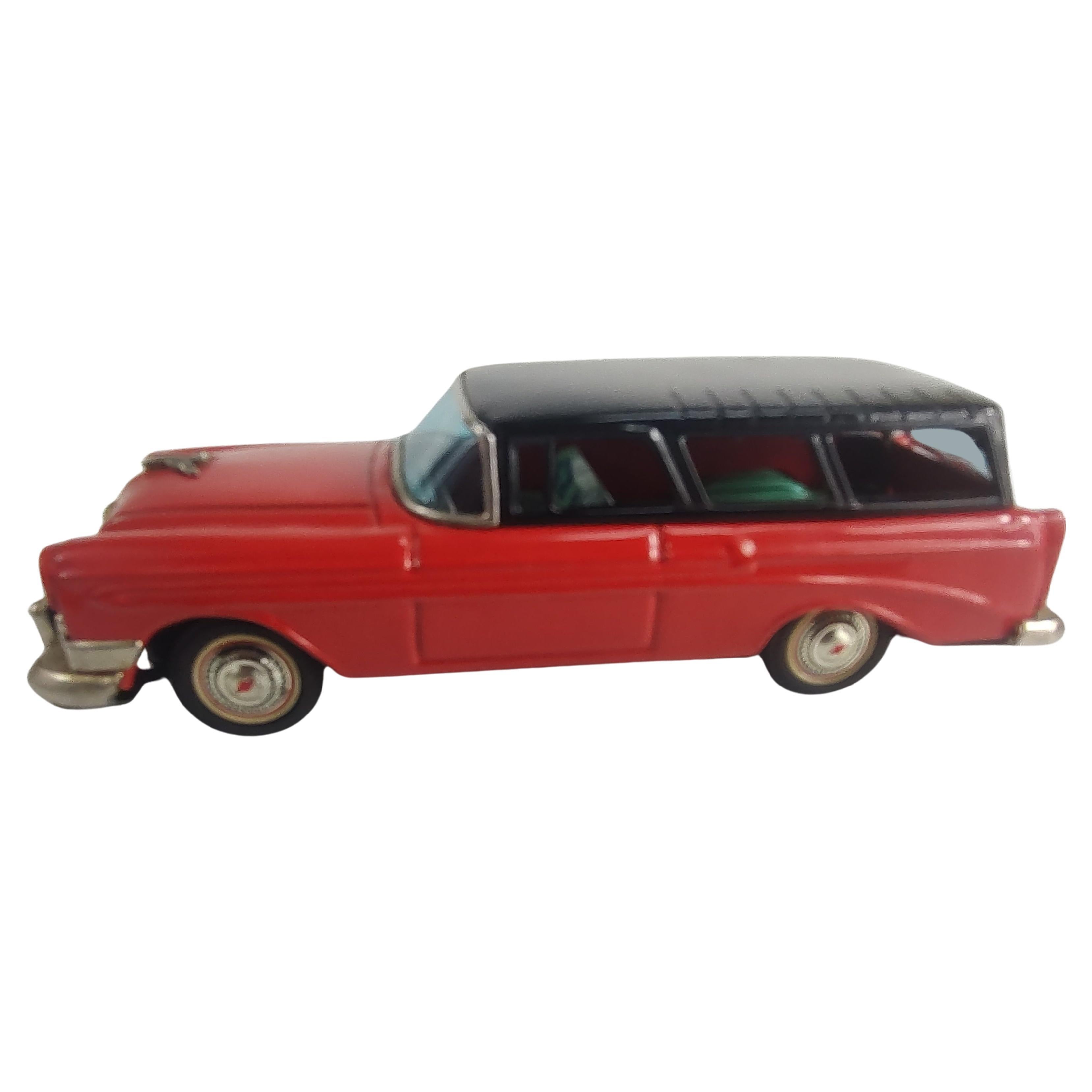 Metal Mid Century Japanese Tin Litho Friction Toy Car Chevrolet Station Wagon C1956 For Sale