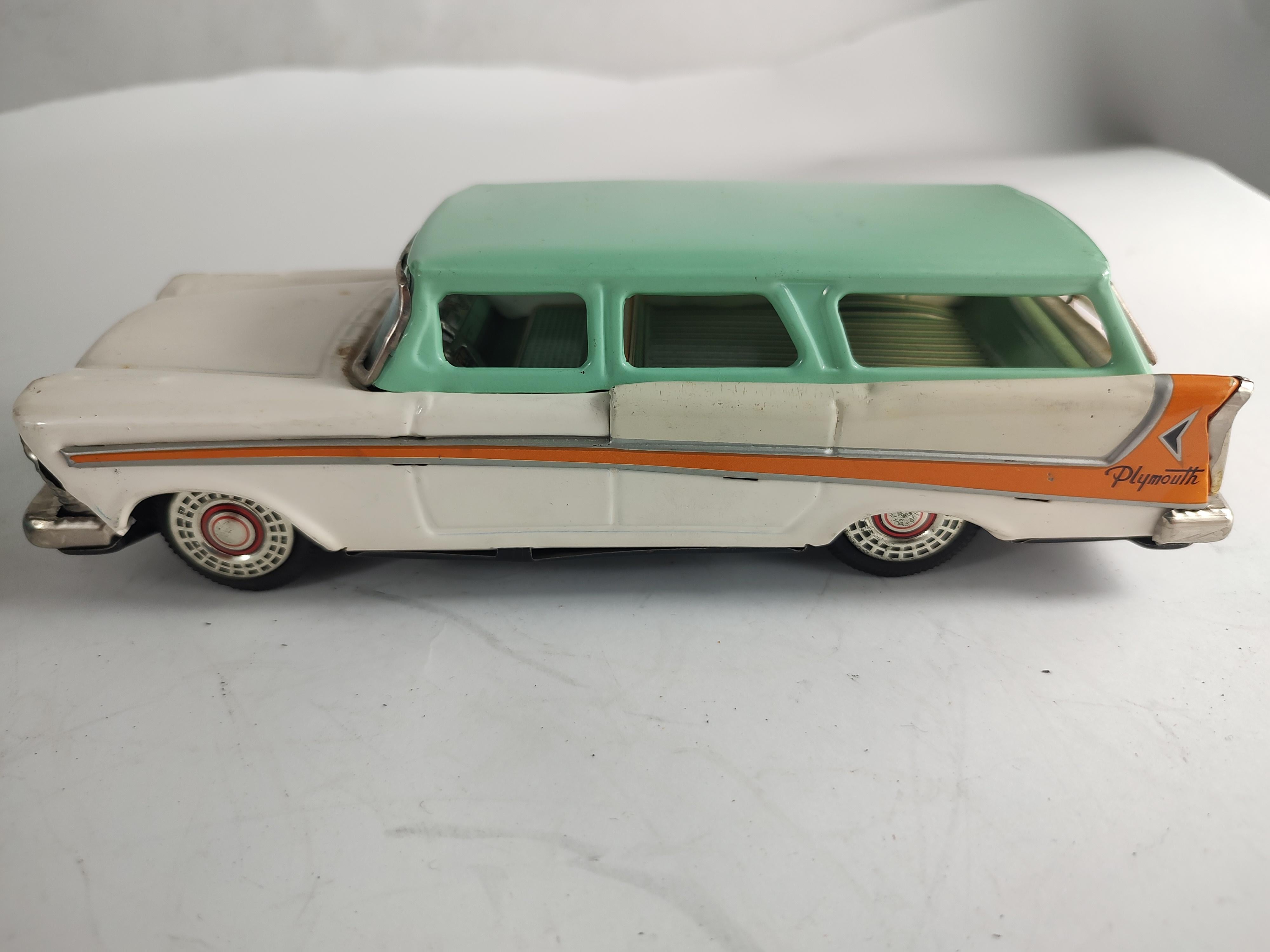 Midcentury Japanese Tin Litho Toy Car by Bandai Plymouth Station Wagon, C 1960 4