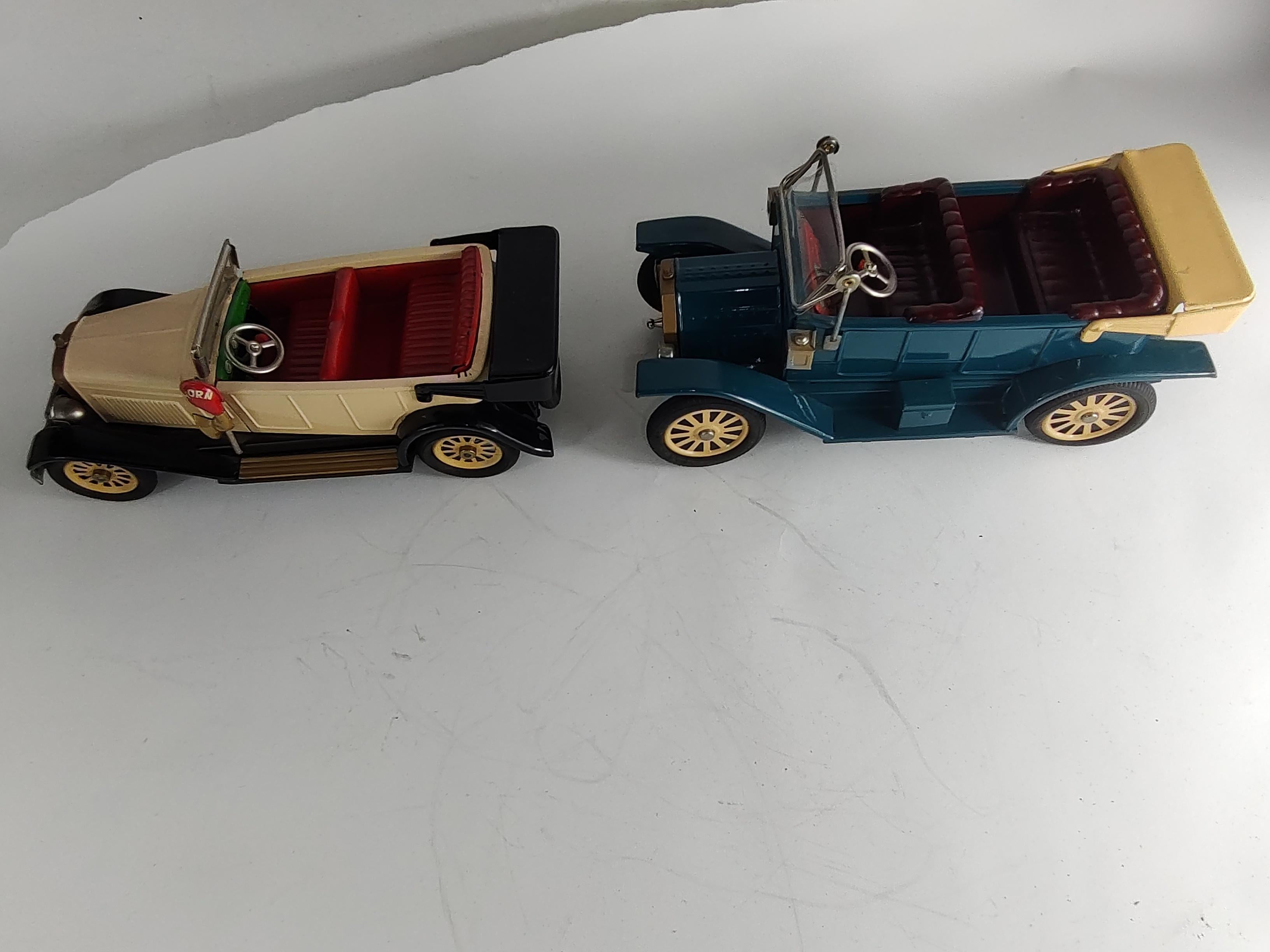 Industrial Mid Century Japanese Tin Litho Toy Car Replicas Fords 1908 & 1925 Touring Cars For Sale