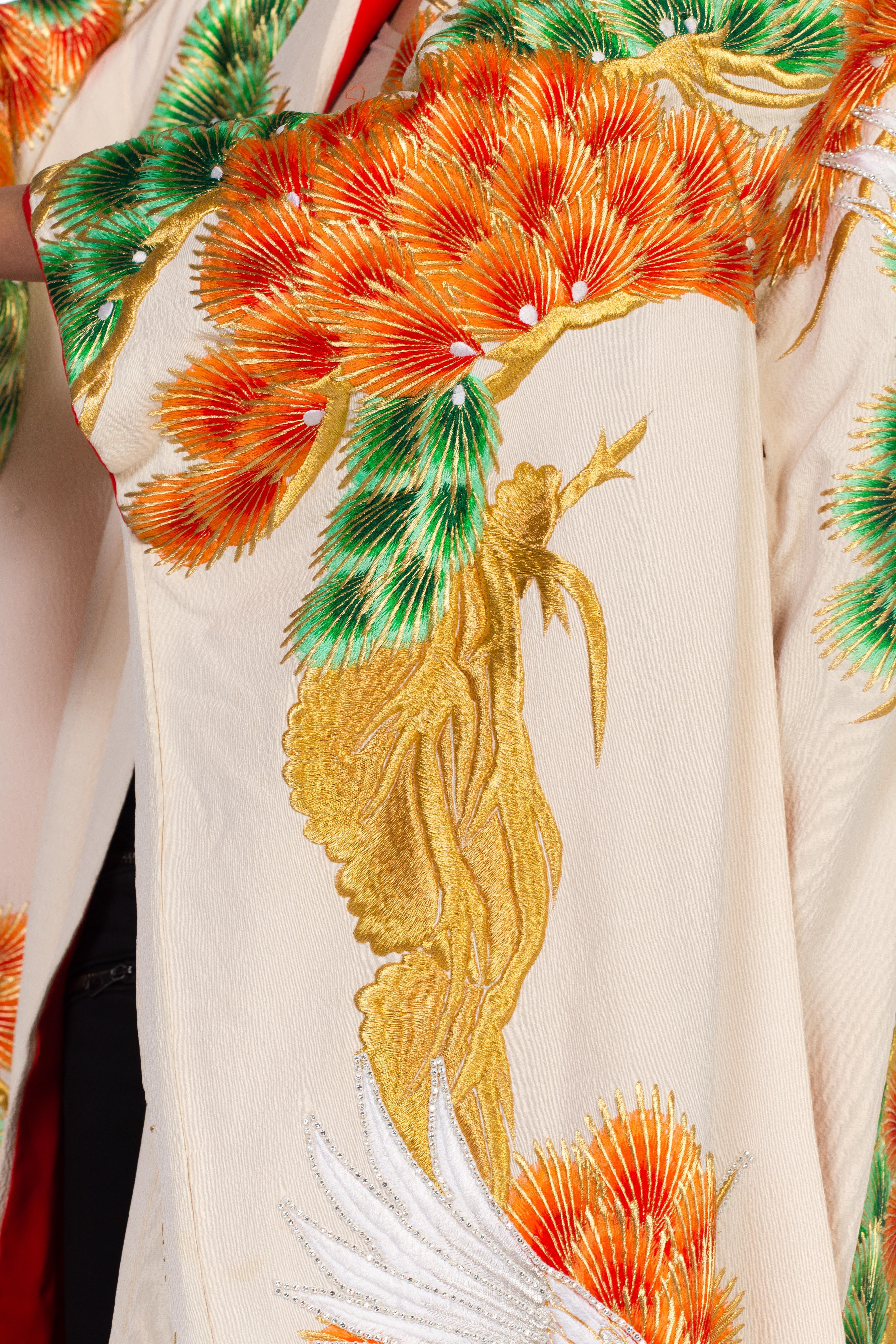 Beige 1960S Mid Century Japanese Wedding Kimono With Embroidery Cranes Crystals