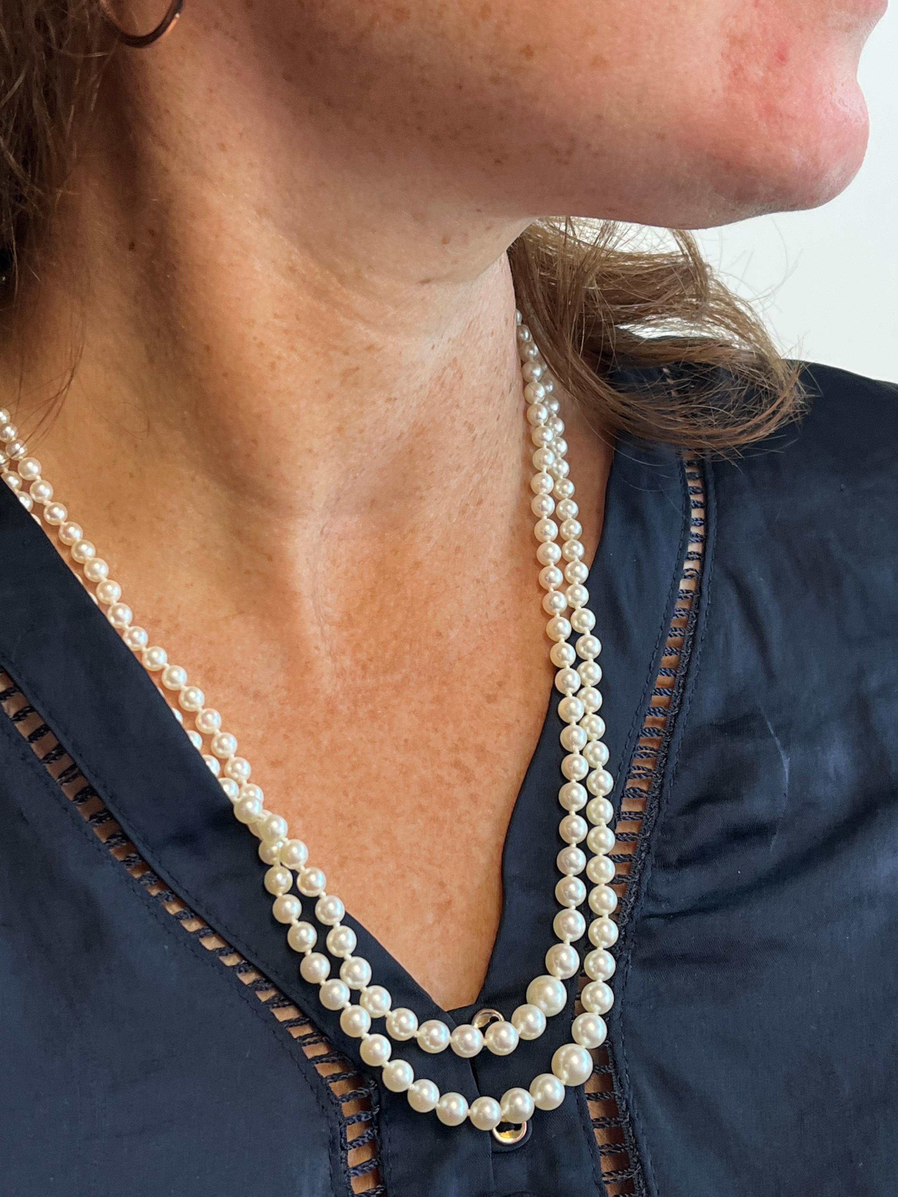 Bead Mid-Century Japanese White Akoya Pearl Graduating Double Strand Necklace For Sale