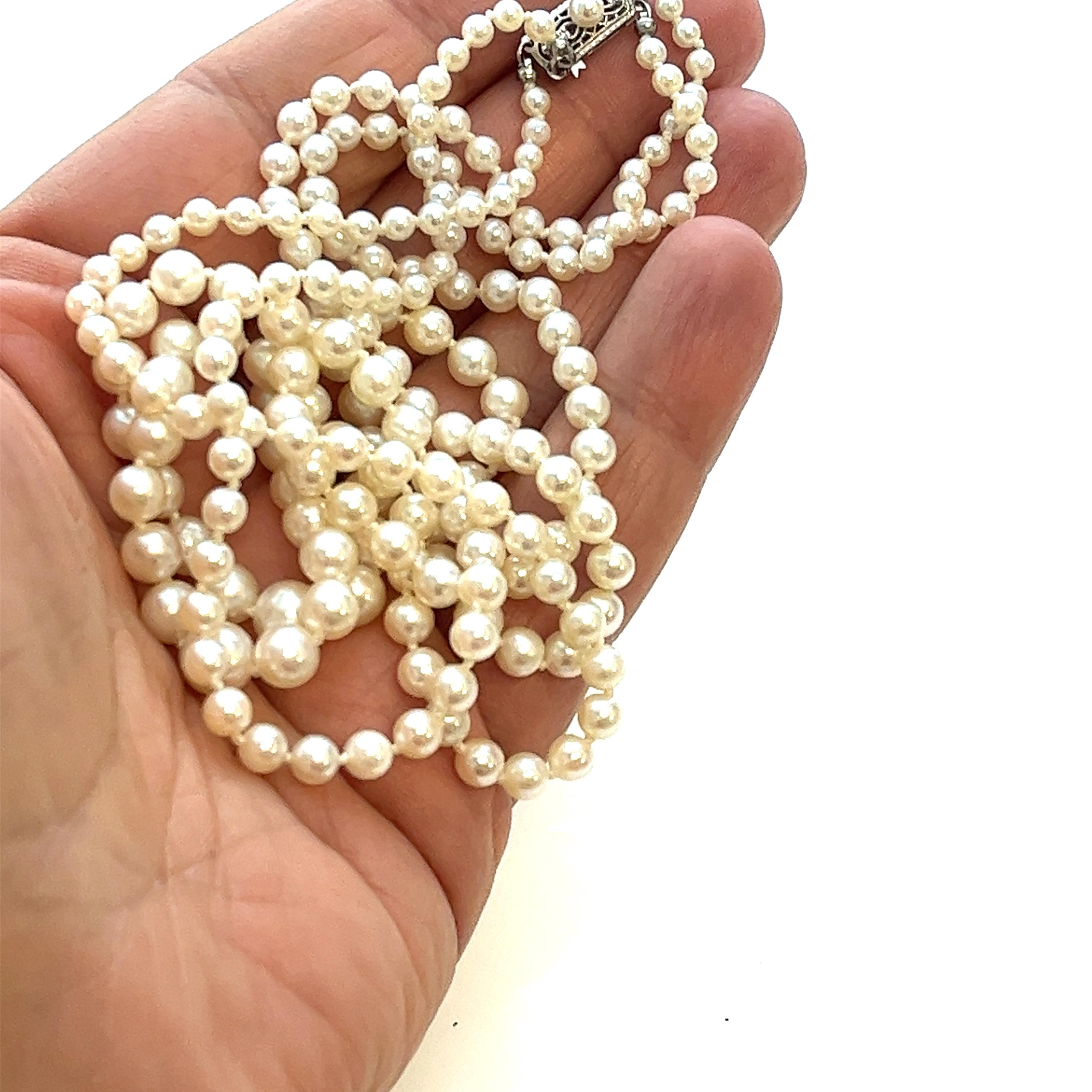 Women's Mid-Century Japanese White Akoya Pearl Graduating Double Strand Necklace For Sale