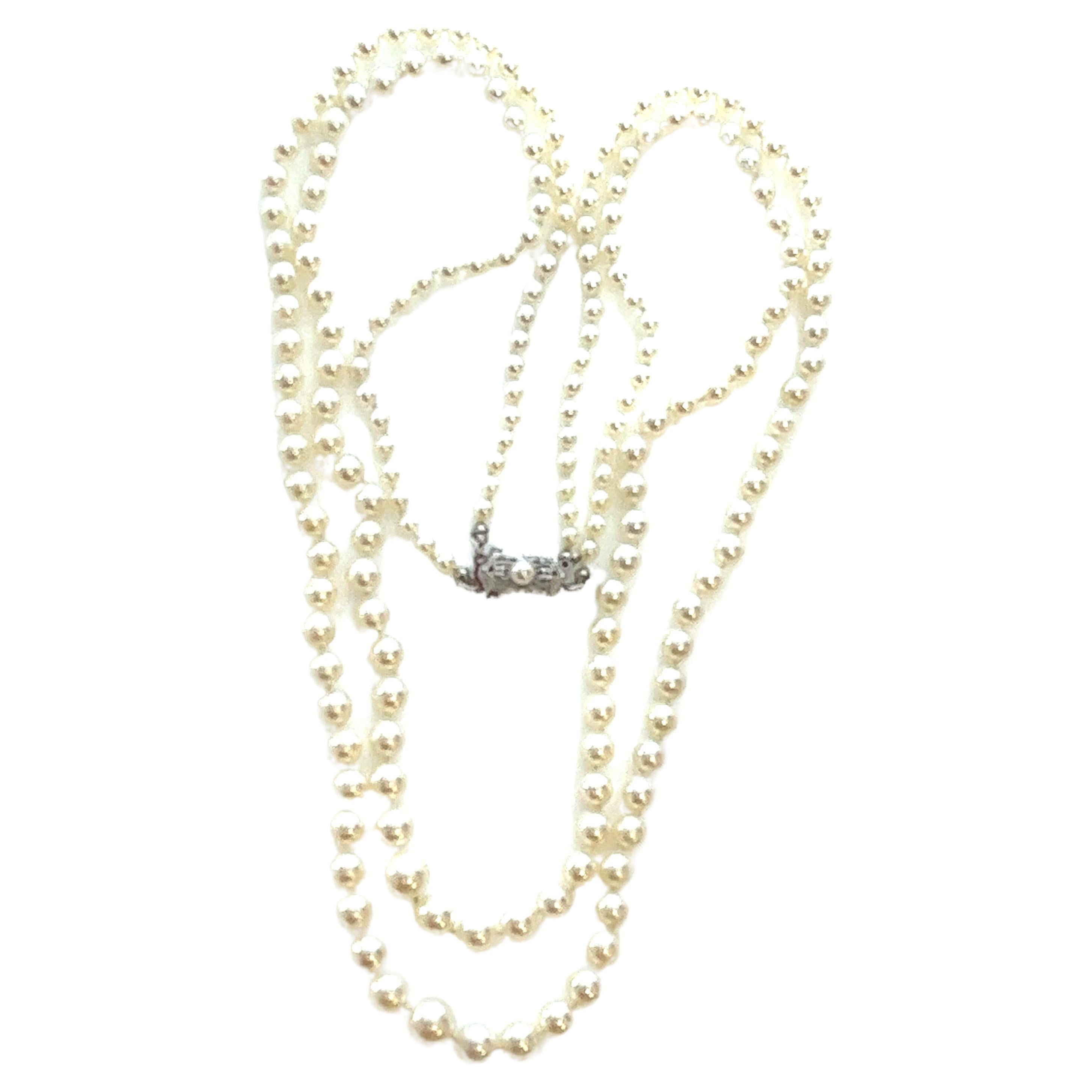 Mid-Century Japanese White Akoya Pearl Graduating Double Strand Necklace For Sale