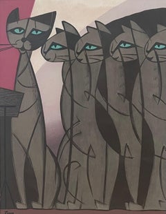 Grabado japonés de mediados de siglo "Coro de gatos" de Tomoo Inagaki