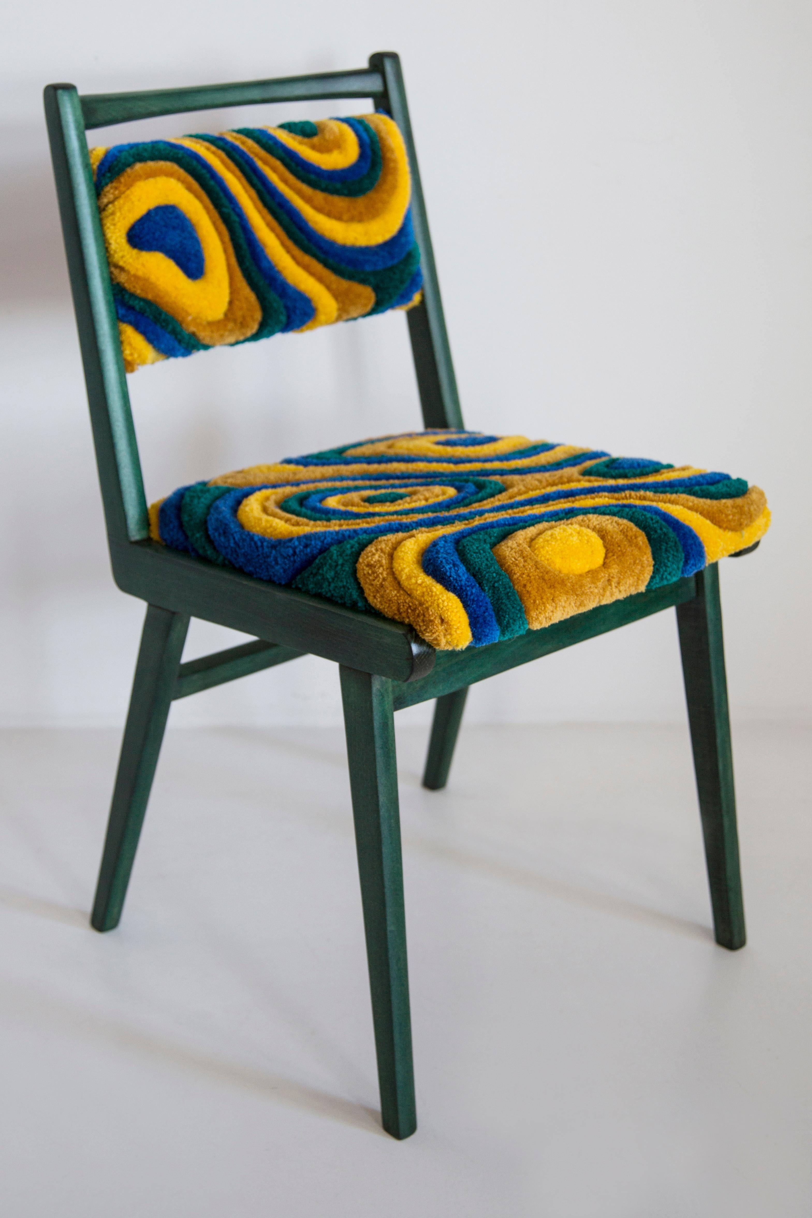 Mid Century JAR Chair, Hand Tufting Green and Yellow Wool, Europe, Poland, 1960s For Sale 2