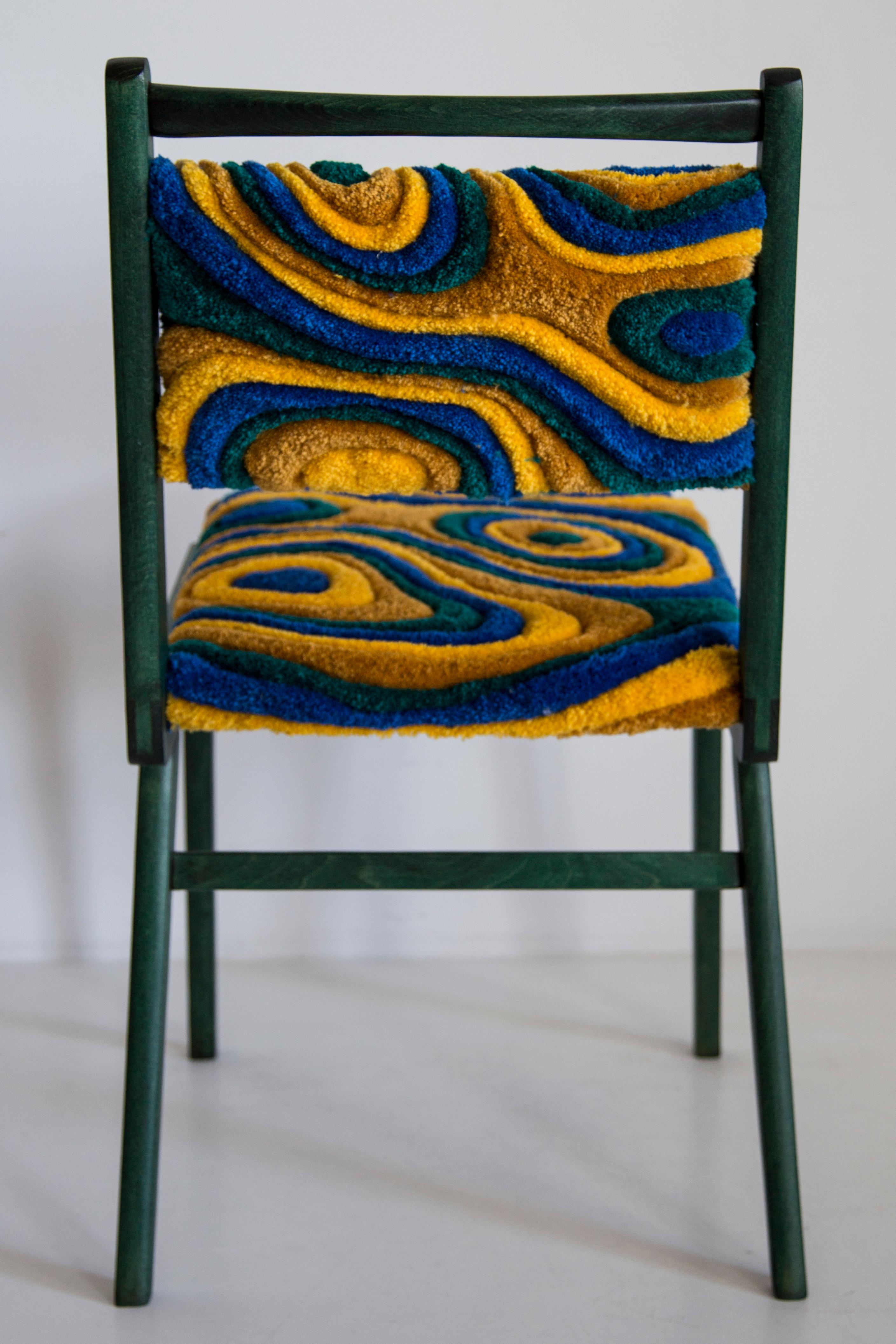 Mid Century JAR Chair, Hand Tufting Green and Yellow Wool, Europe, Poland, 1960s For Sale 3