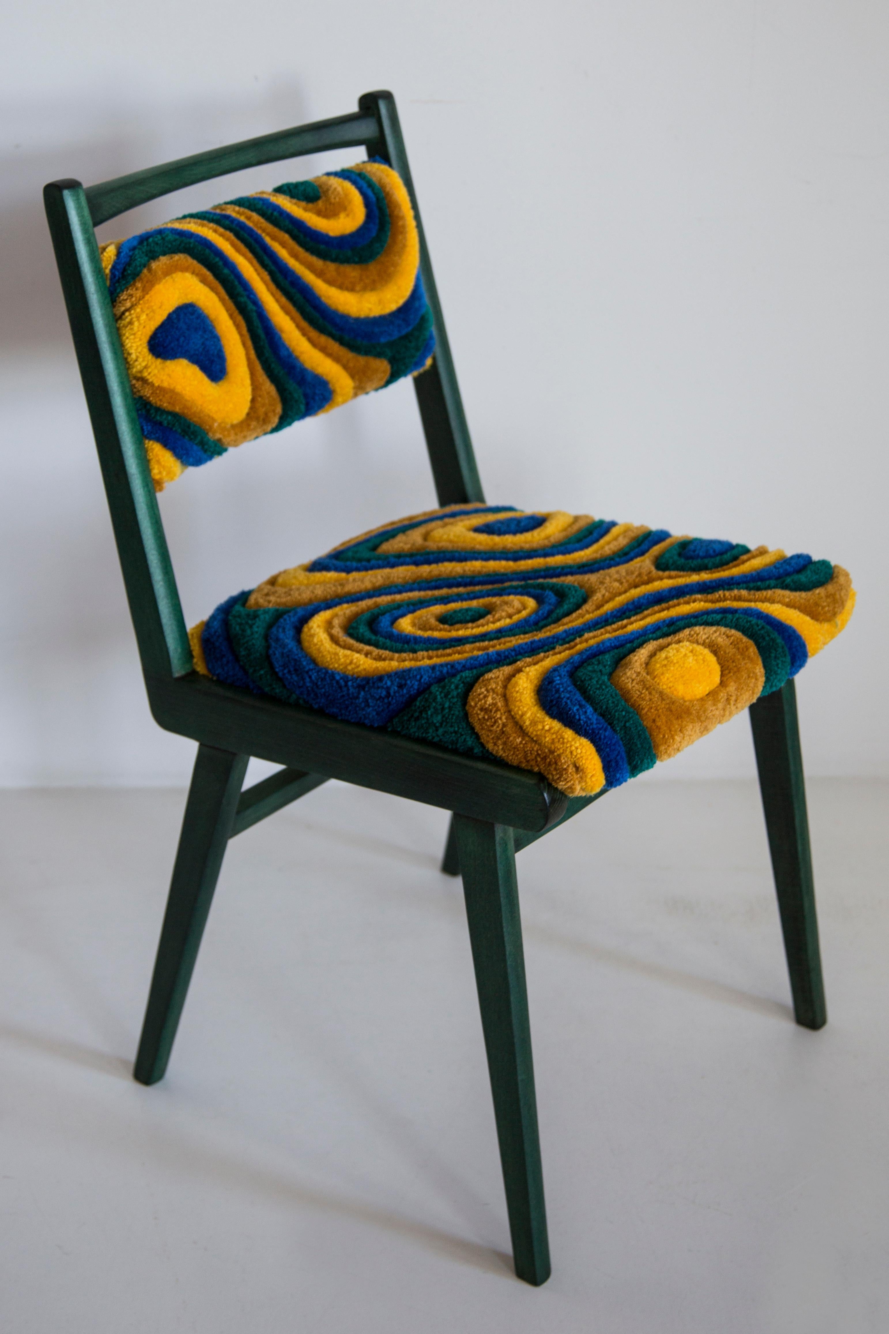 Mid Century JAR Chair, Hand Tufting Green and Yellow Wool, Europe, Poland, 1960s For Sale 4