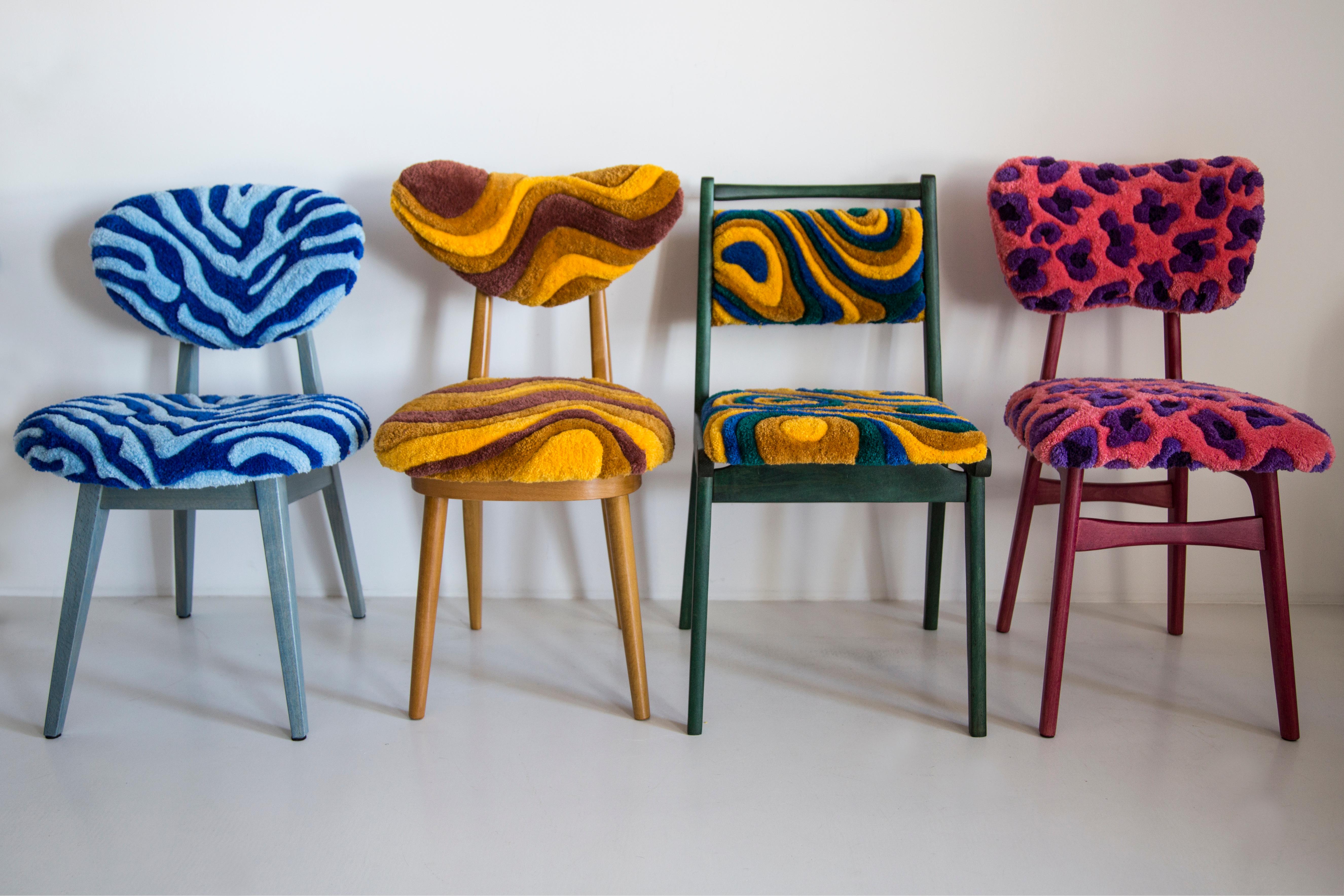 Chair designed in 1960s by Prof. Rajmund Halas. It is jar type model. 
Made of beechwood. Chair is after a complete upholstery renovation, the woodwork has been refreshed and painted in green varnish.

About the fabric:

Seat and back is hand