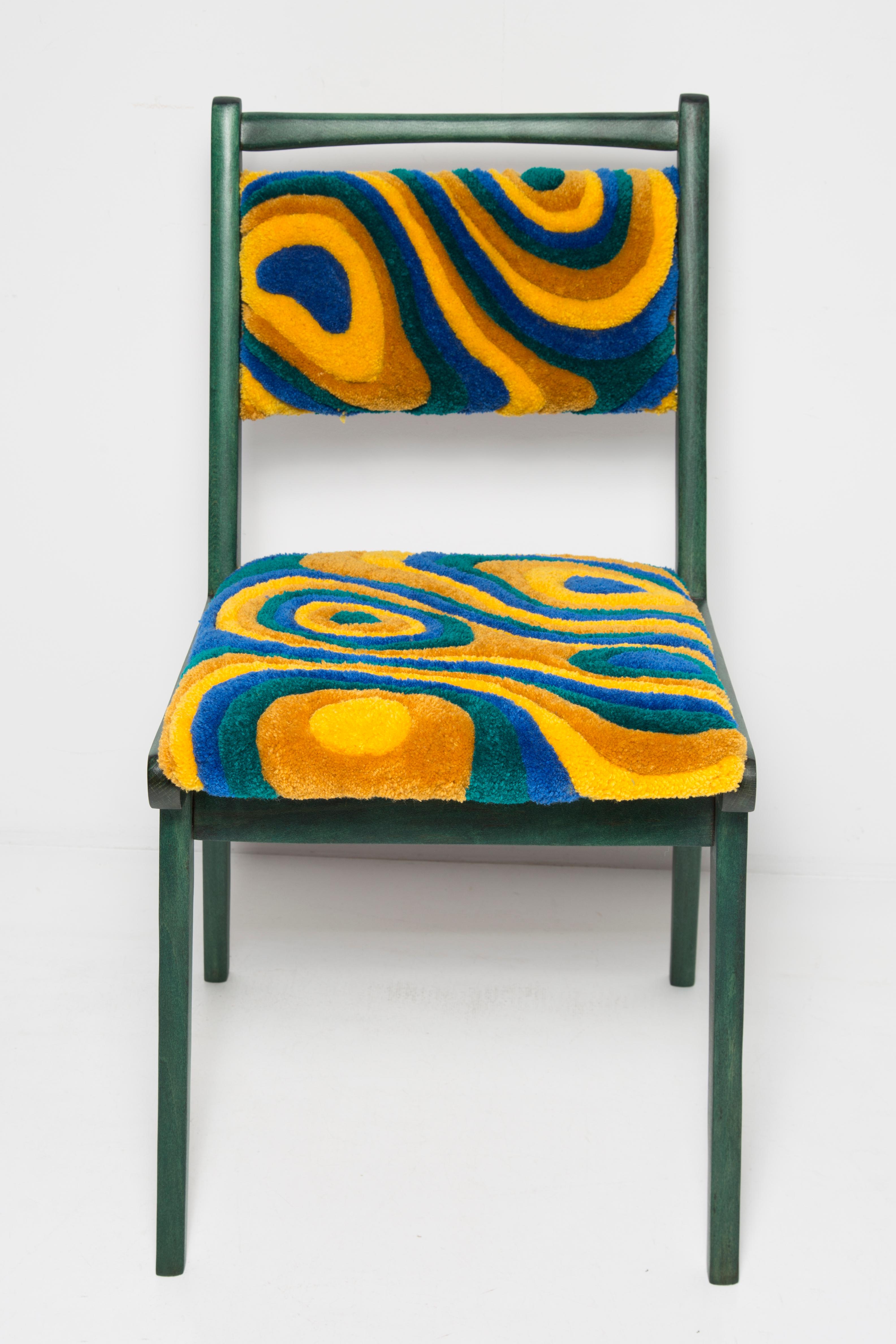 Polish Mid Century JAR Chair, Hand Tufting Green and Yellow Wool, Europe, Poland, 1960s For Sale