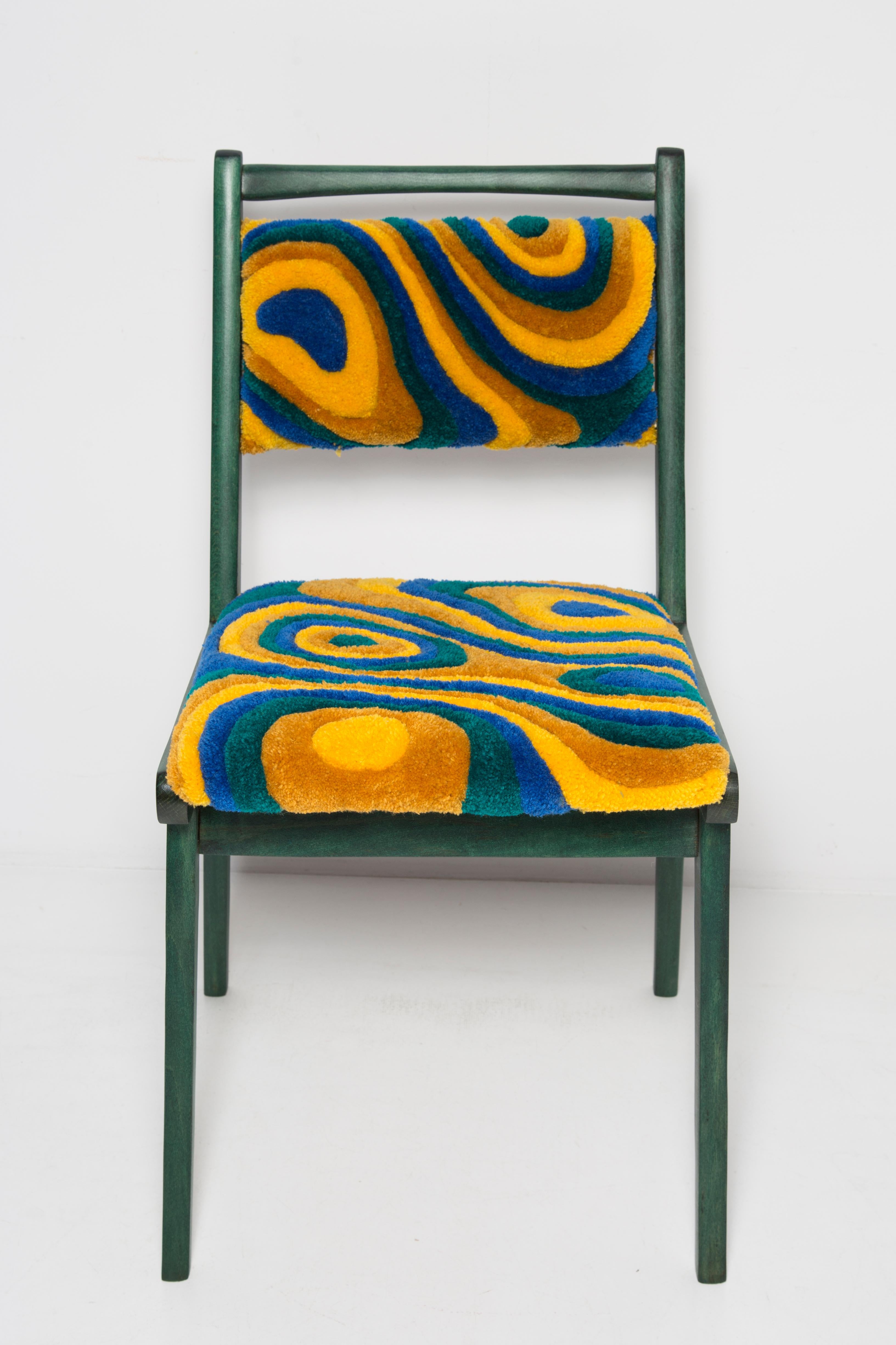 Hand-Crafted Mid Century JAR Chair, Hand Tufting Green and Yellow Wool, Europe, Poland, 1960s For Sale