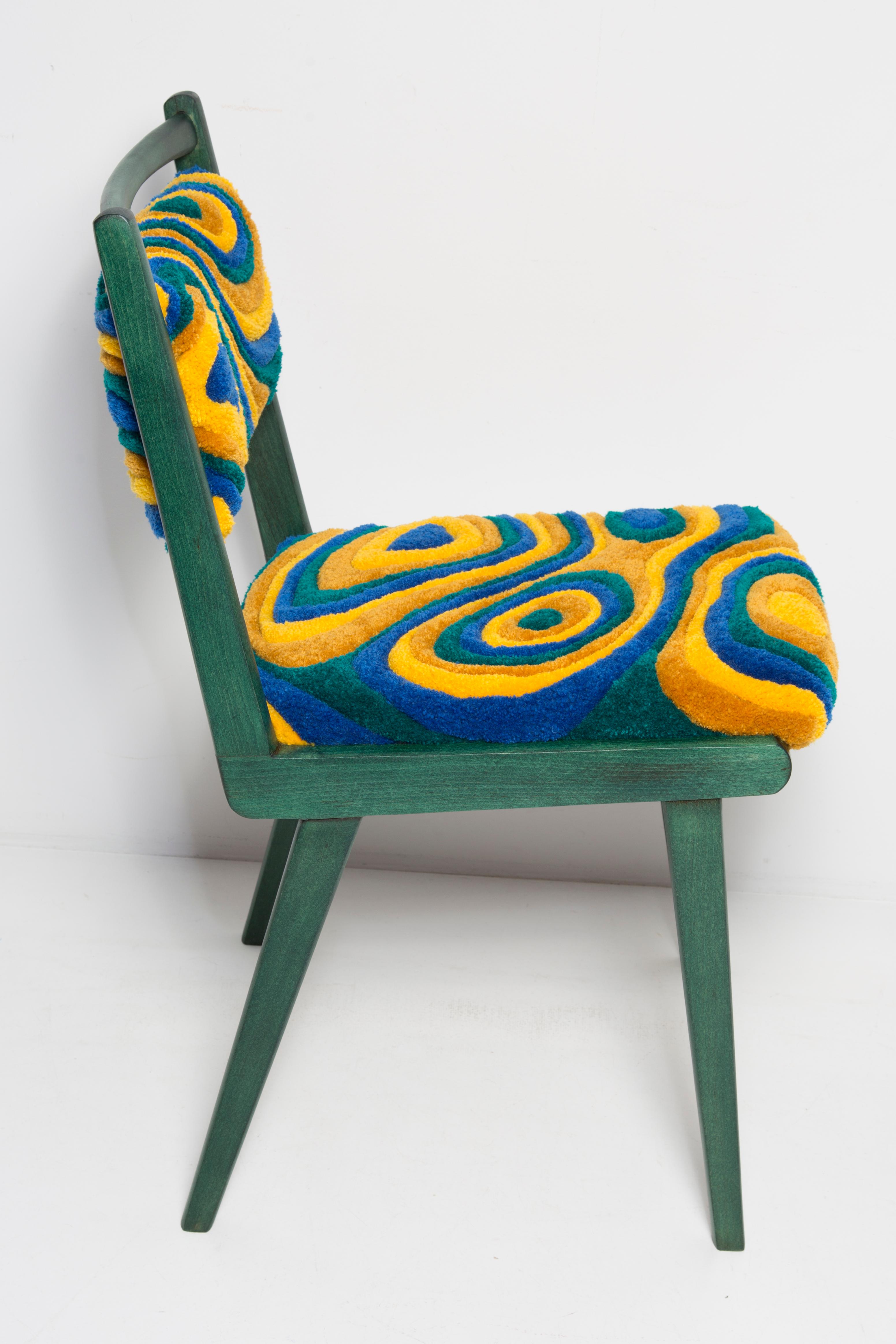 Mid Century JAR Chair, Hand Tufting Green and Yellow Wool, Europe, Poland, 1960s In Excellent Condition For Sale In 05-080 Hornowek, PL