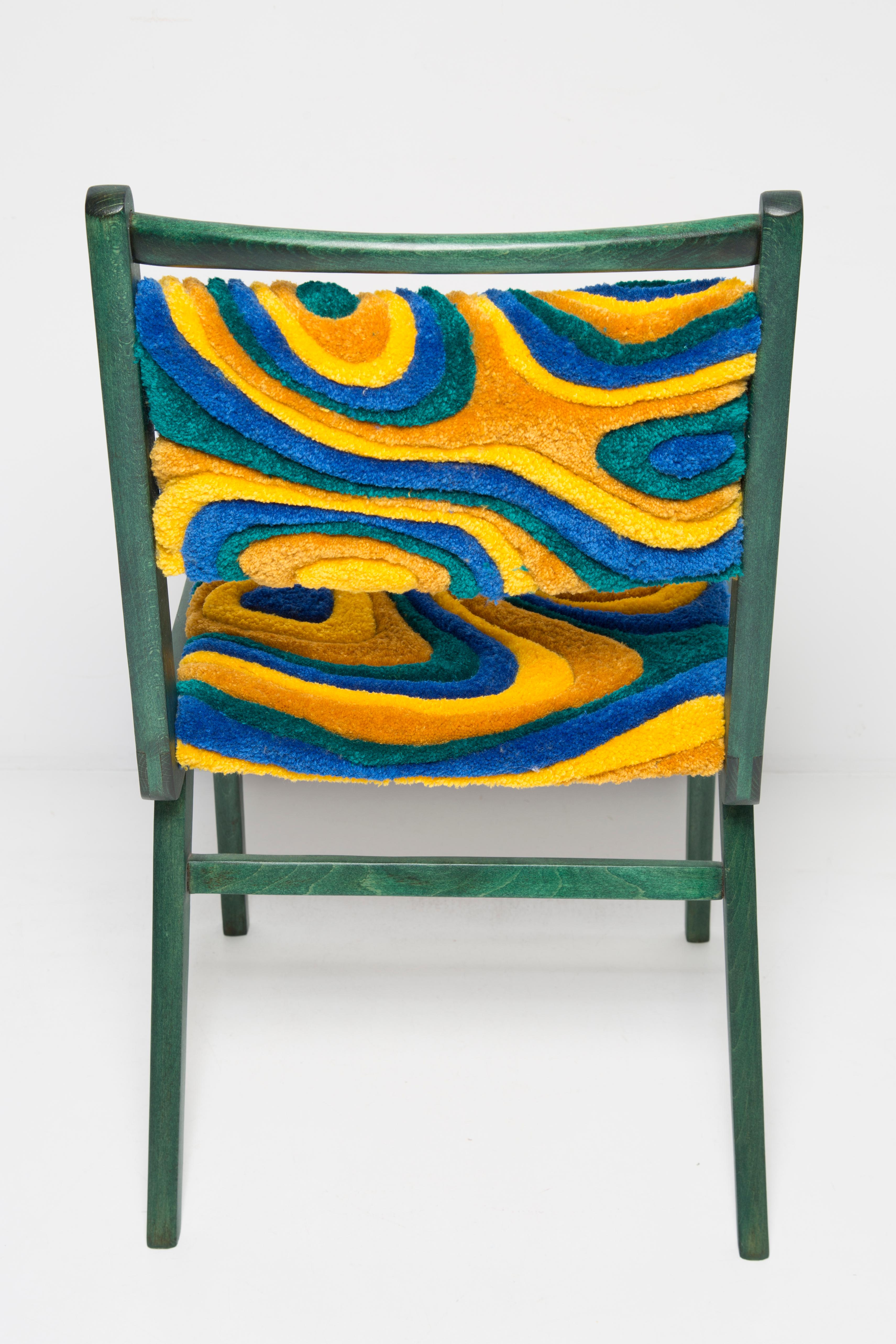 20th Century Mid Century JAR Chair, Hand Tufting Green and Yellow Wool, Europe, Poland, 1960s For Sale