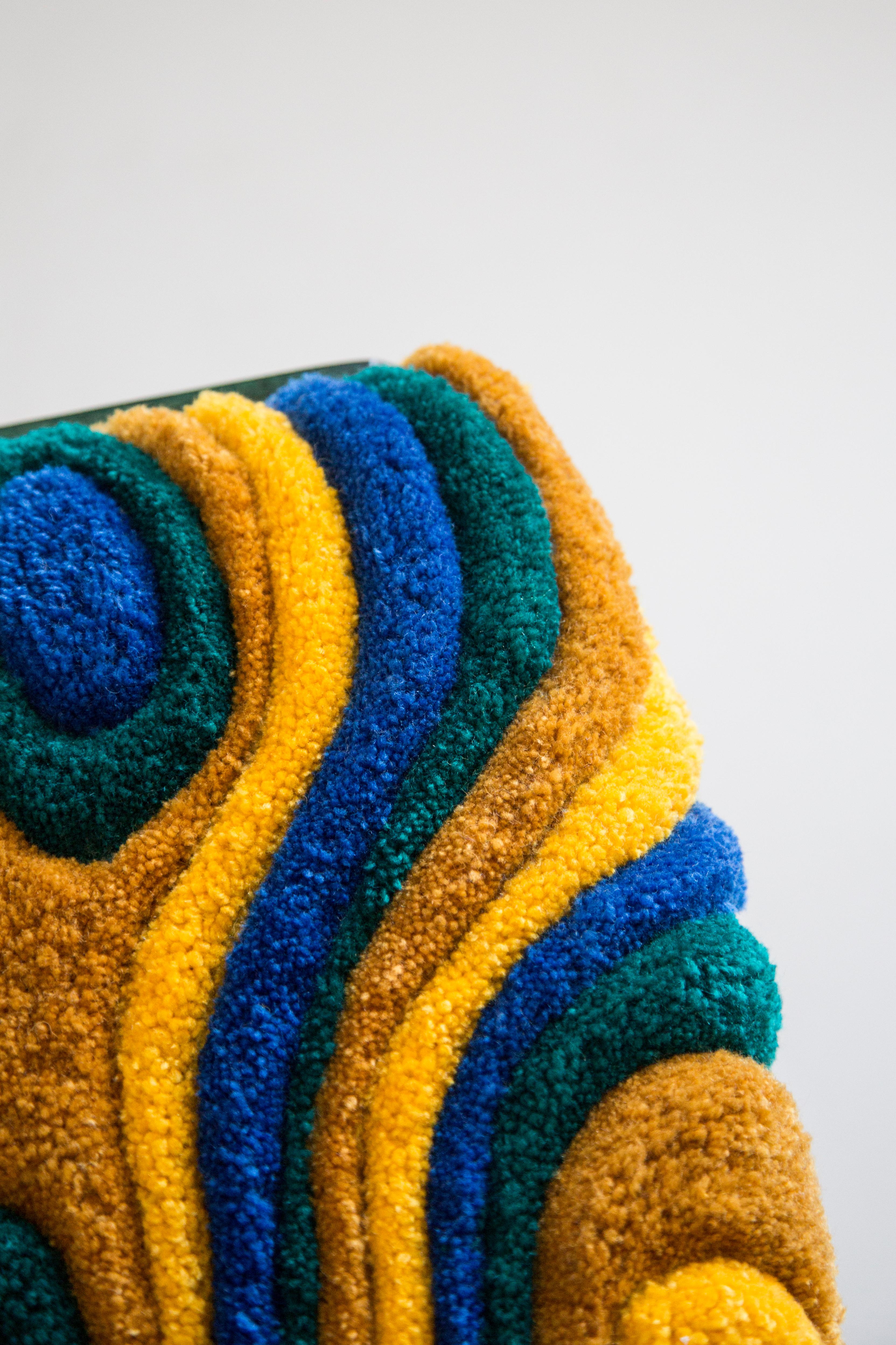 Velvet Mid Century JAR Chair, Hand Tufting Green and Yellow Wool, Europe, Poland, 1960s For Sale