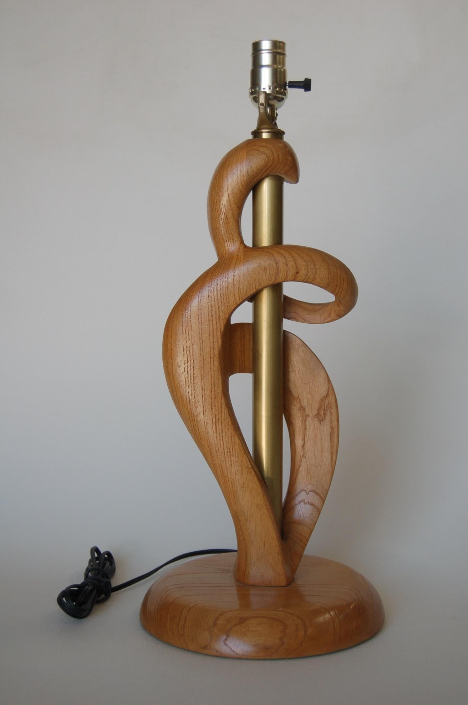 American Midcentury Jascha Heifetz Freeform Carved Oak Table Lamp, Pair