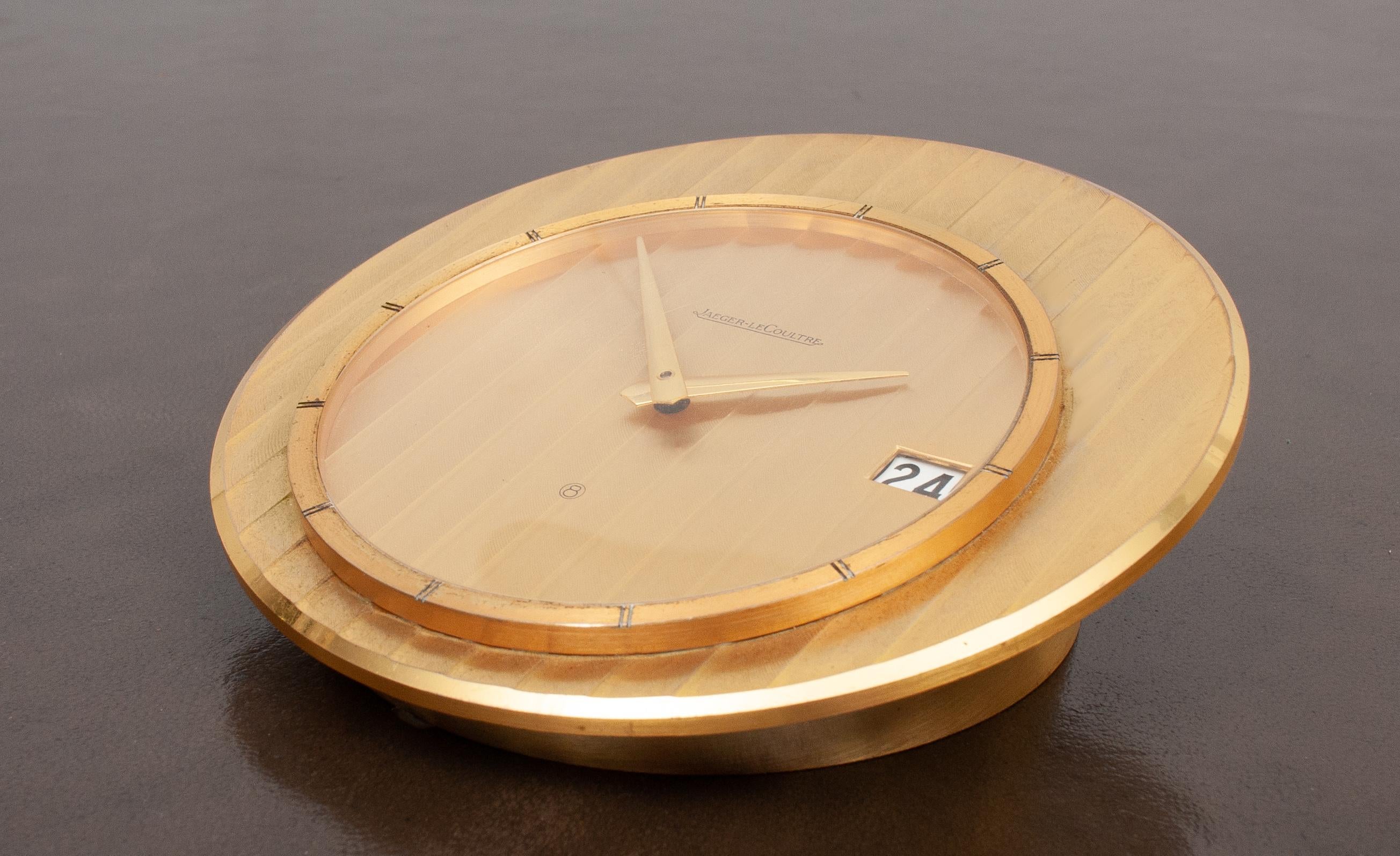 Beautiful elegant Jaeger-LeCoultre desk clock. A Swiss gilt-brass eight-day timepiece desk clock
Mechanical movement, manual winding. Good working order, 1960s.
  