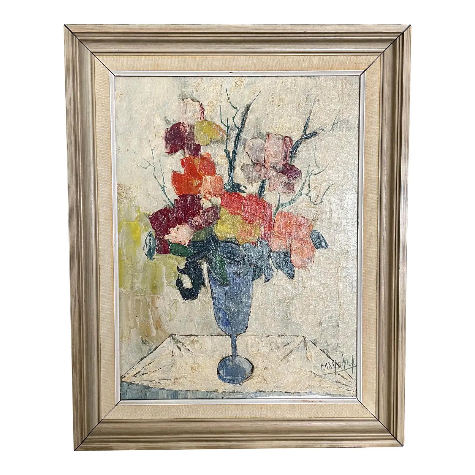 Mid Century Jean Claude Mayodon Oil on Canvas Floral Still Life 2