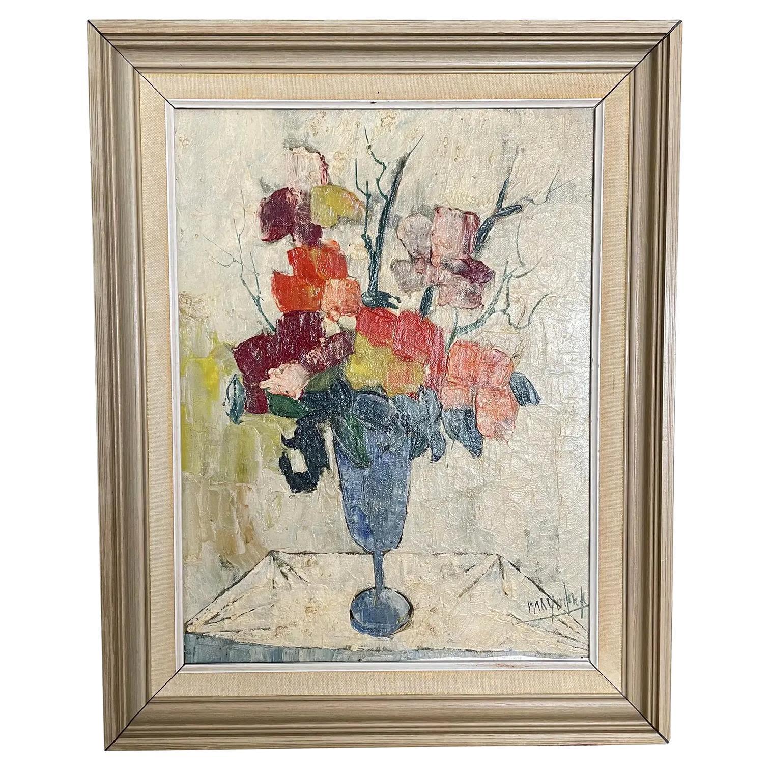Mid Century Jean Claude Mayodon Oil on Canvas Floral Still Life