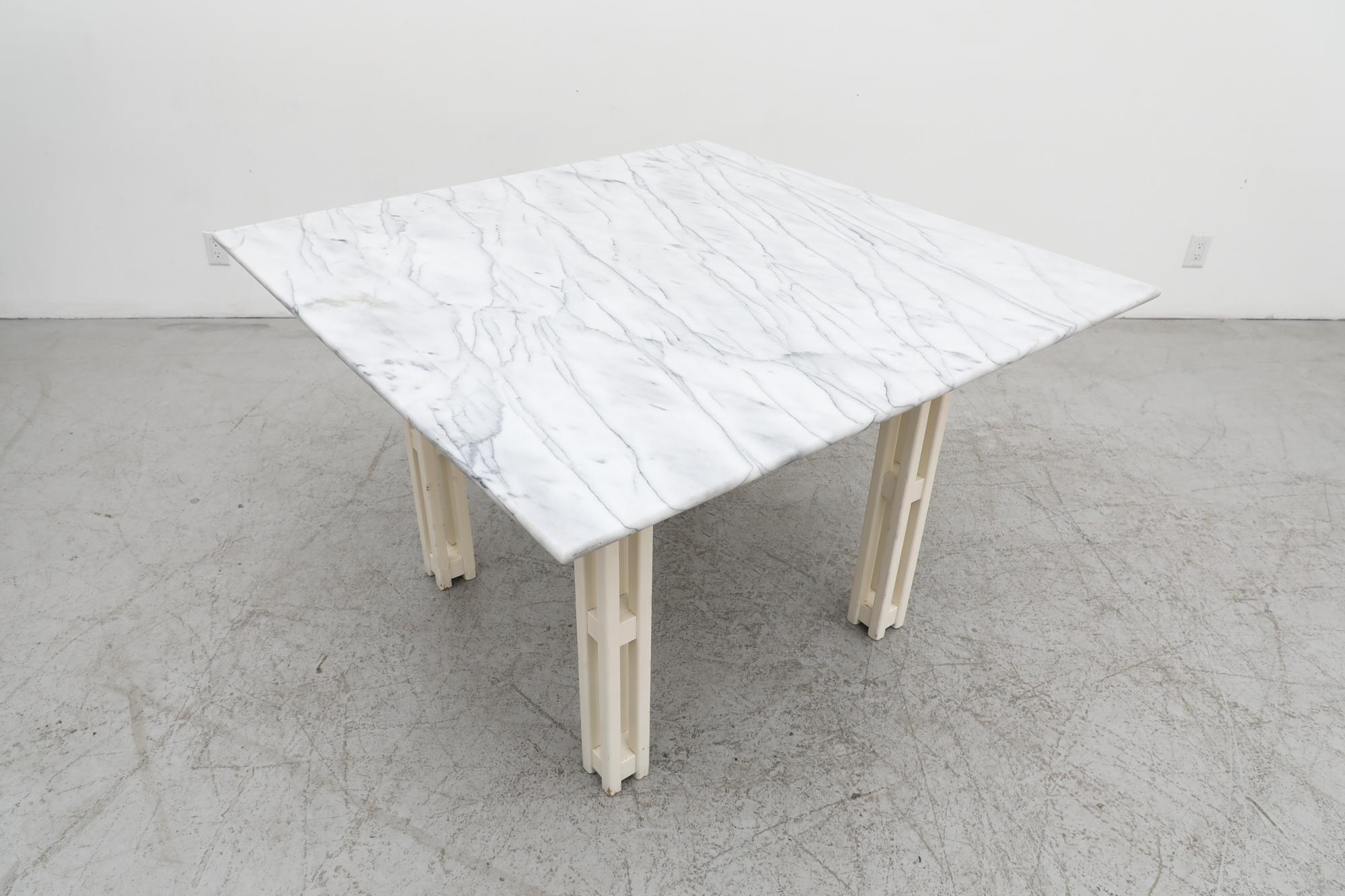 Dutch Mid-Century Jean Maneval Style Square White Marble Table with Architectural Base For Sale