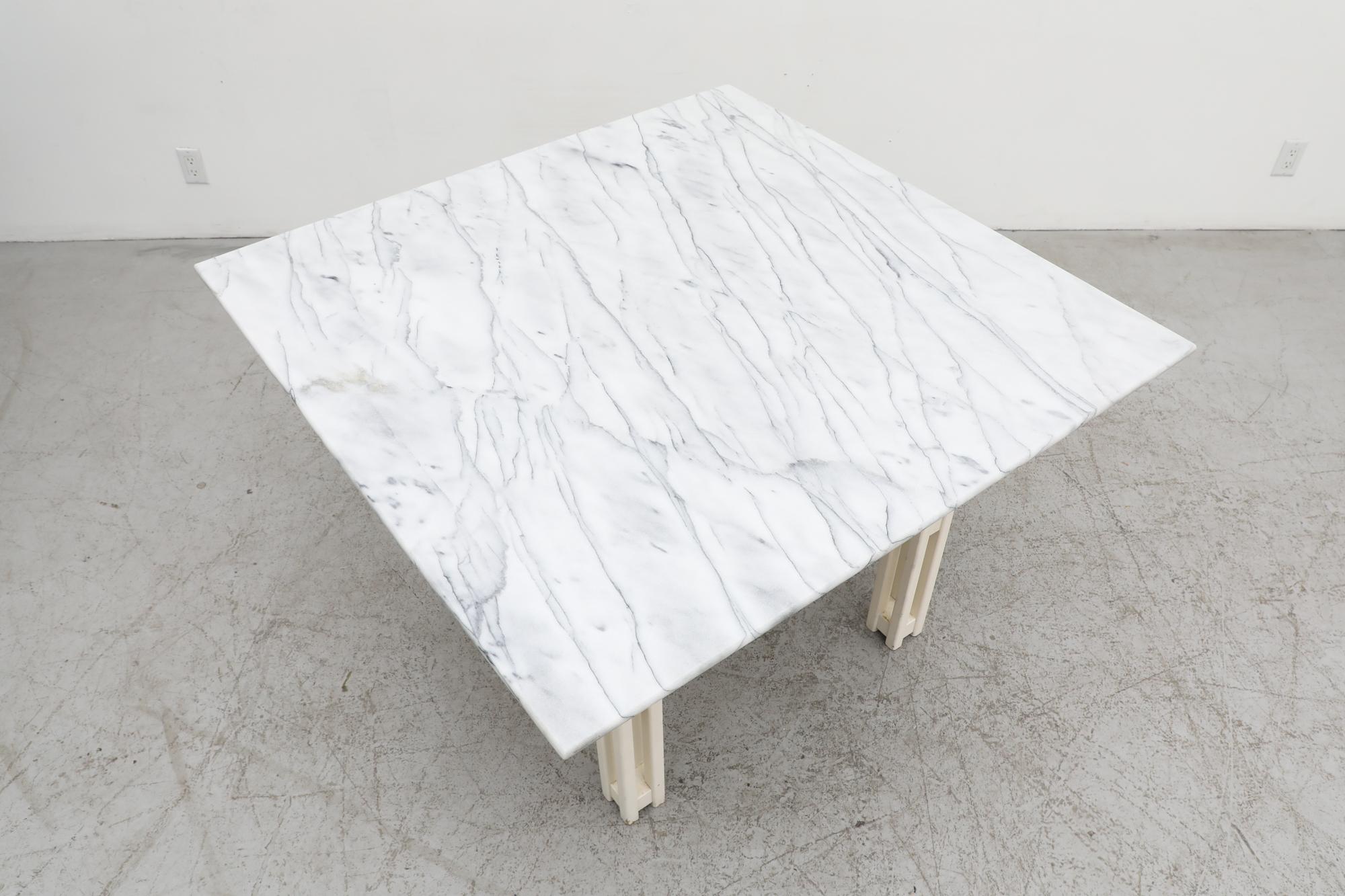 Painted Mid-Century Jean Maneval Style Square White Marble Table with Architectural Base For Sale