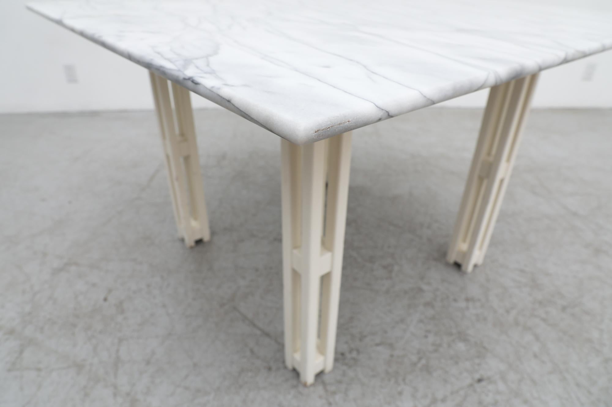 Mid-Century Jean Maneval Style Square White Marble Table with Architectural Base For Sale 1