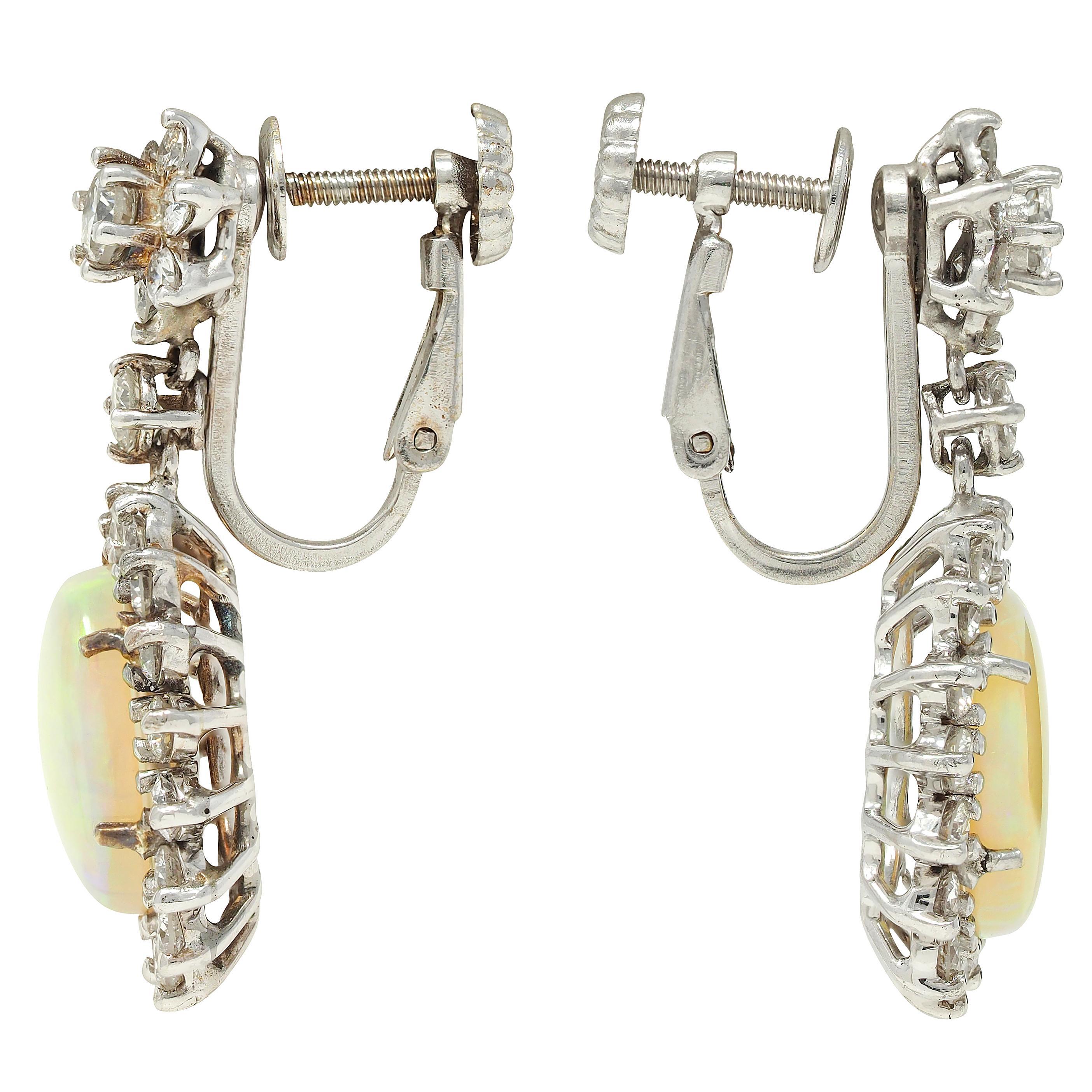 Cabochon Mid-Century Jelly Opal Diamond 14 Karat White Gold Vintage Halo Drop Earrings For Sale