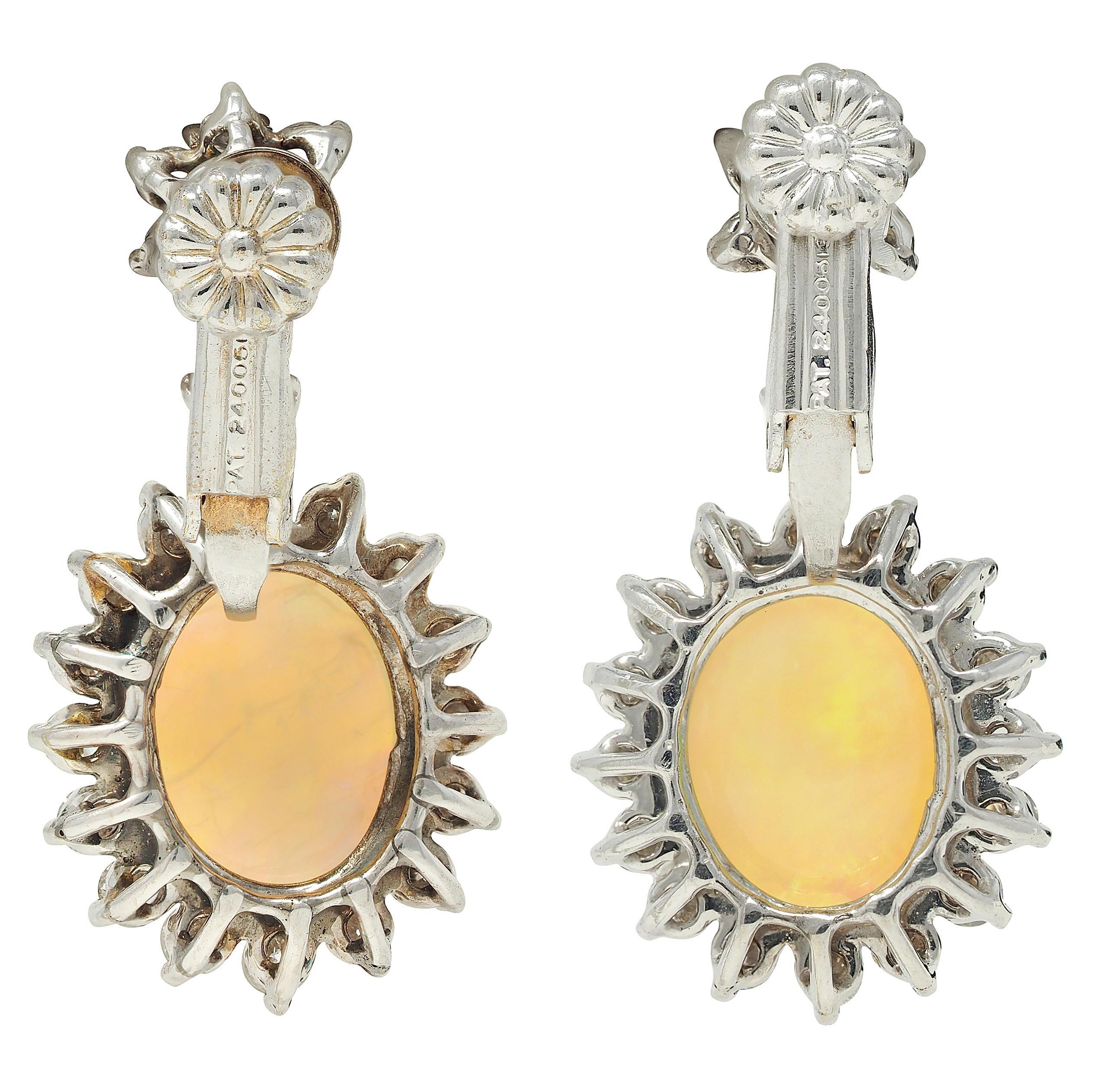 Mid-Century Jelly Opal Diamond 14 Karat White Gold Vintage Halo Drop Earrings In Excellent Condition For Sale In Philadelphia, PA
