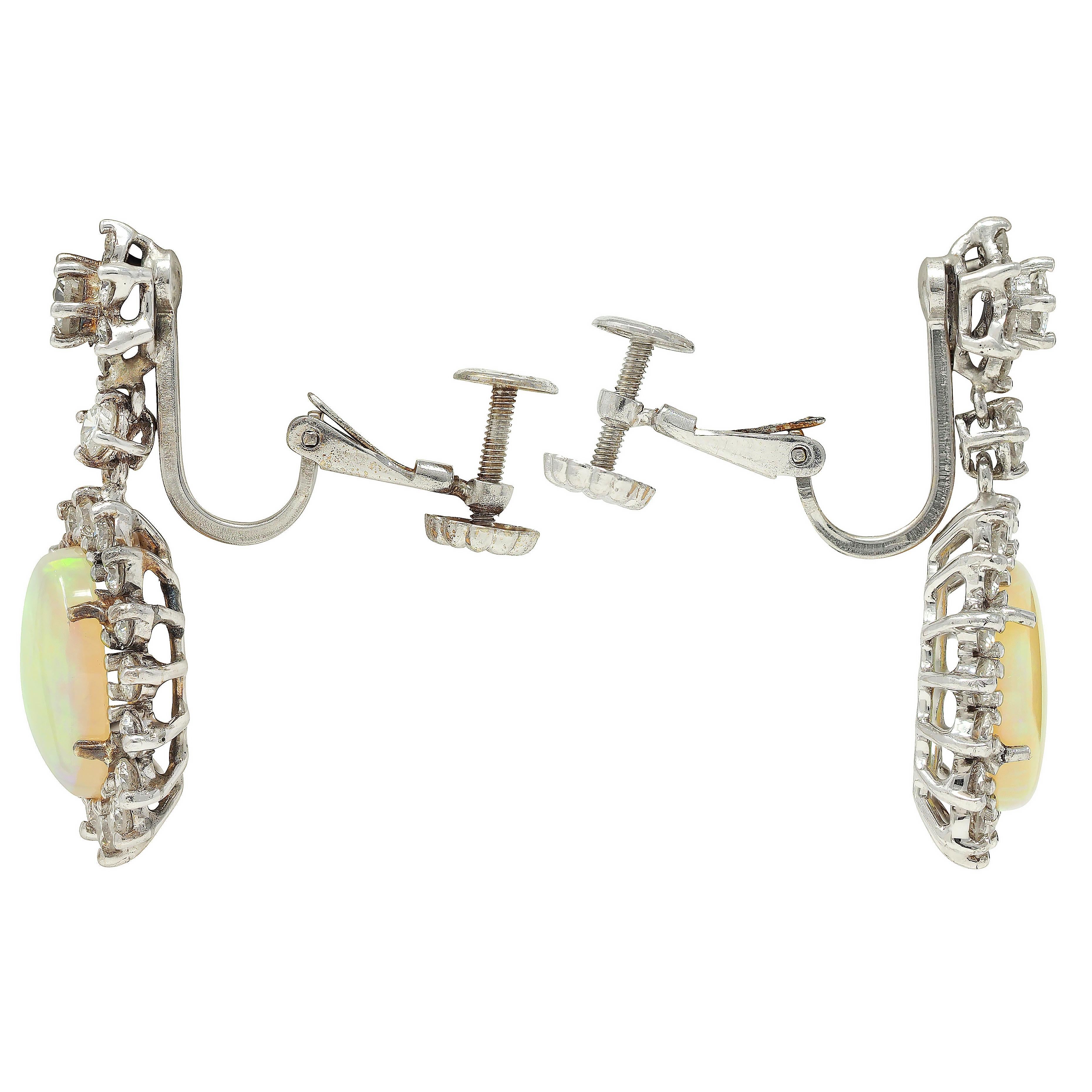 Mid-Century Jelly Opal Diamond 14 Karat White Gold Vintage Halo Drop Earrings For Sale 1