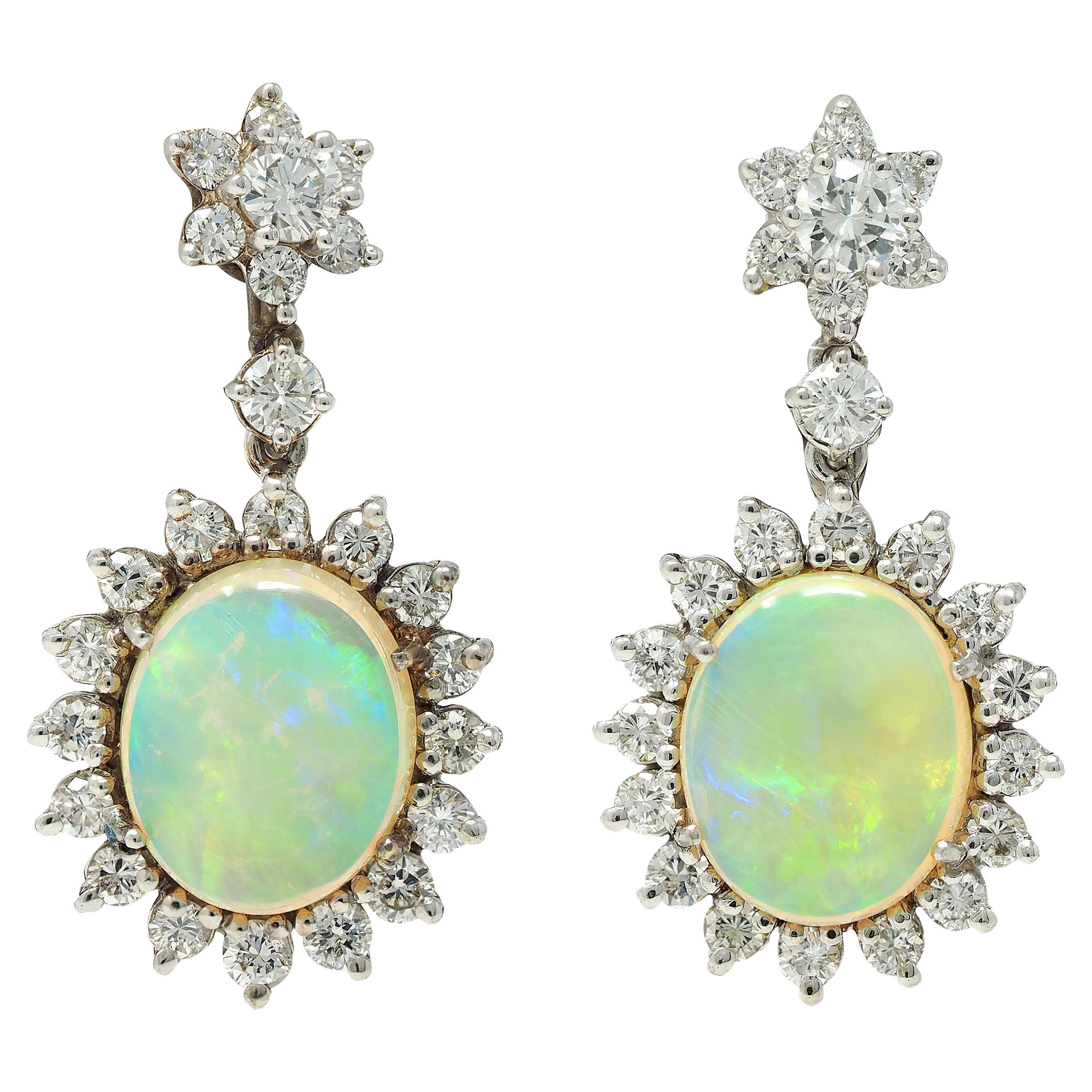 Mid-Century Jelly Opal Diamond 14 Karat White Gold Vintage Halo Drop Earrings For Sale