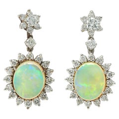 Mid-Century Jelly Opal Diamond 14 Karat White Gold Vintage Halo Drop Earrings