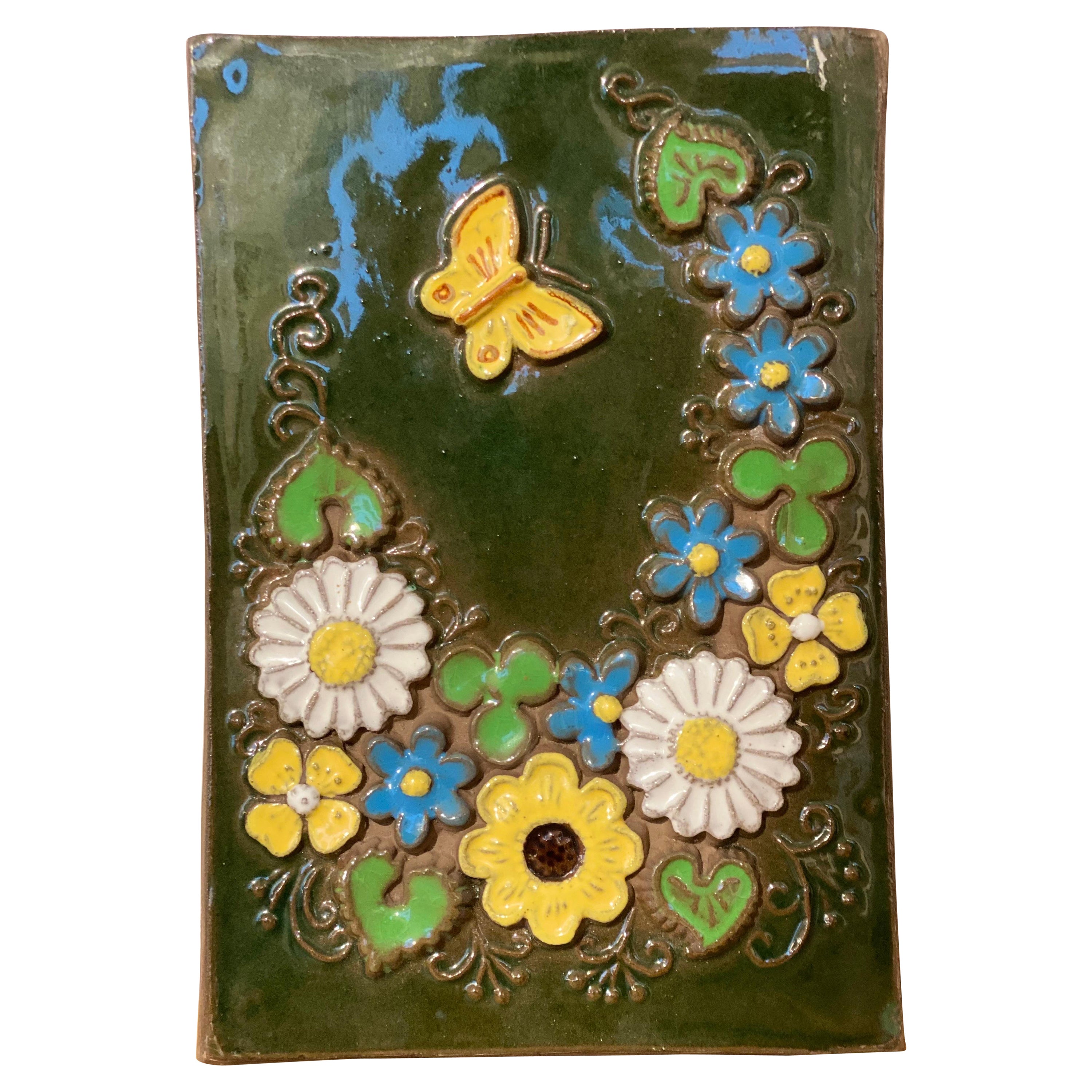 Mid-Century Jie Gantofta Sweden Floral Wall Plaque Tile