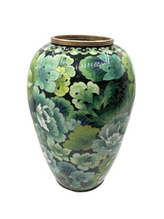 Mid-century Jingfa Green Enameled Cloisonne Vase with Peonies & Chrysanthemums
