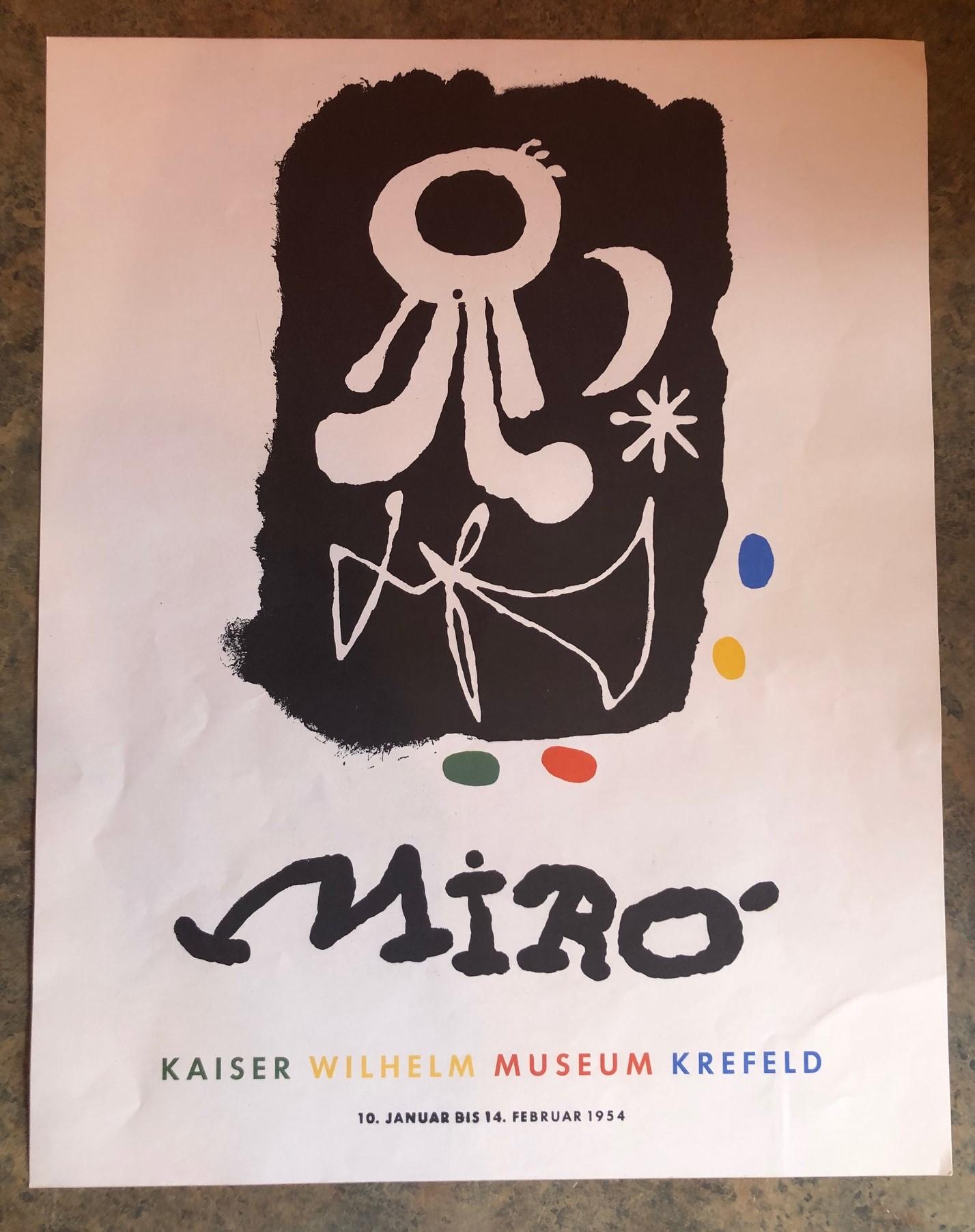 Highly collectible midcentury Joan Miro Kaiser Wilhelm Museum Krefeld lithograph art poster to advertise an exhibition in West Germany, circa 1950s. The piece is from the French Posters Collection and is in very nice unframed condition with limited